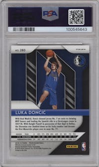 Luka Doncic from the 2018-19 Panini Prizm set featuring a Red White Blue Prizm parallel graded by PSA and given an overall grade of 10.