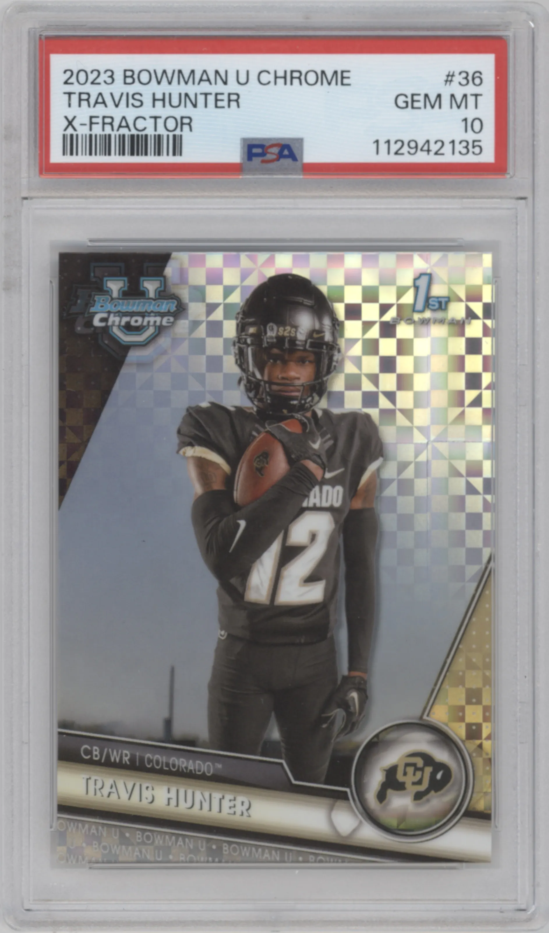 Travis Hunter  from the 2023 Bowman Chrome University set featuring a X-Fractor parallel graded by PSA and given an overall grade of 10.