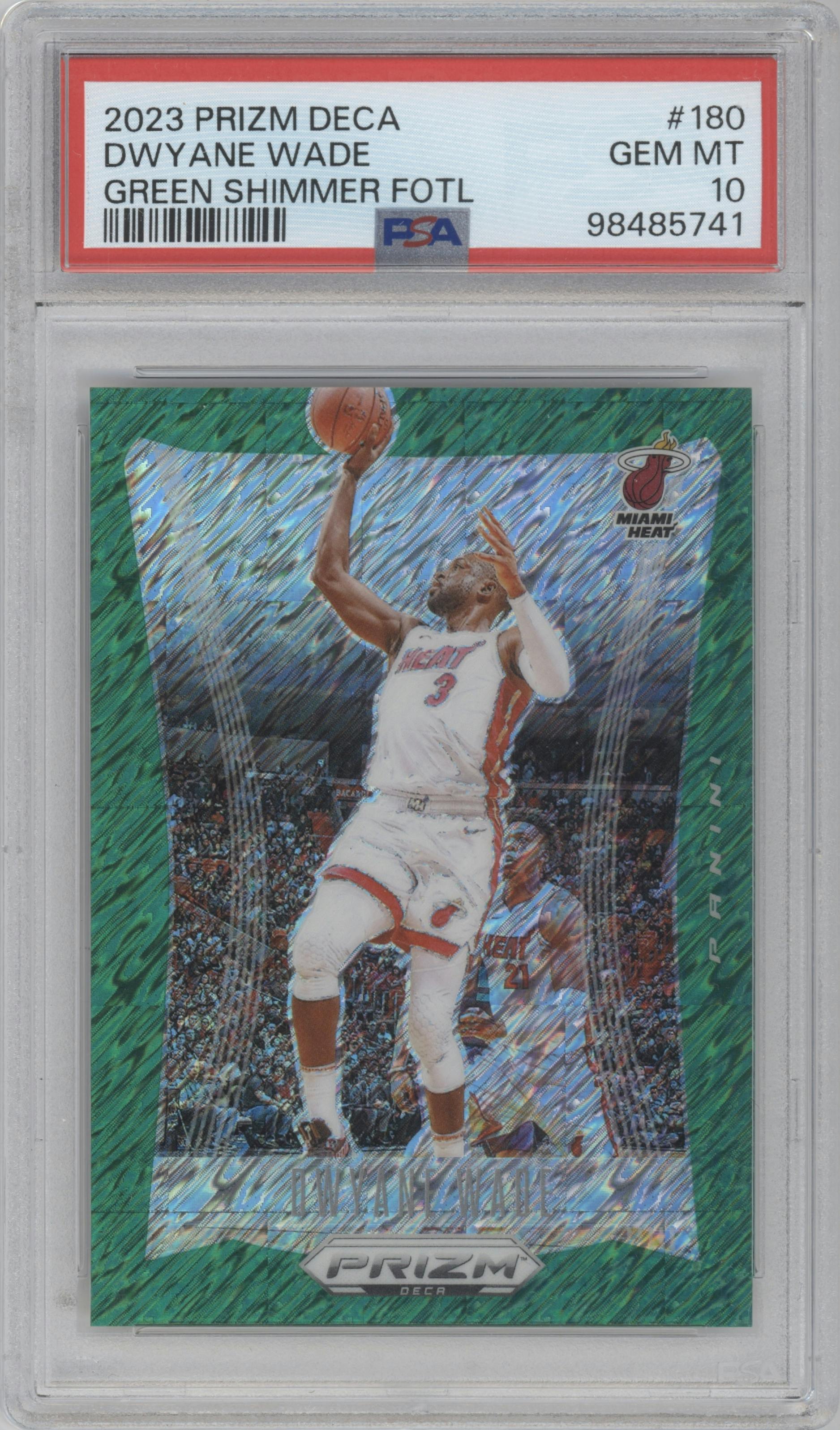 Dwyane Wade  from the 2023-24 Panini Prizm Deca set featuring a FOTL Green Shimmer parallel graded by PSA and given an overall grade of 10.