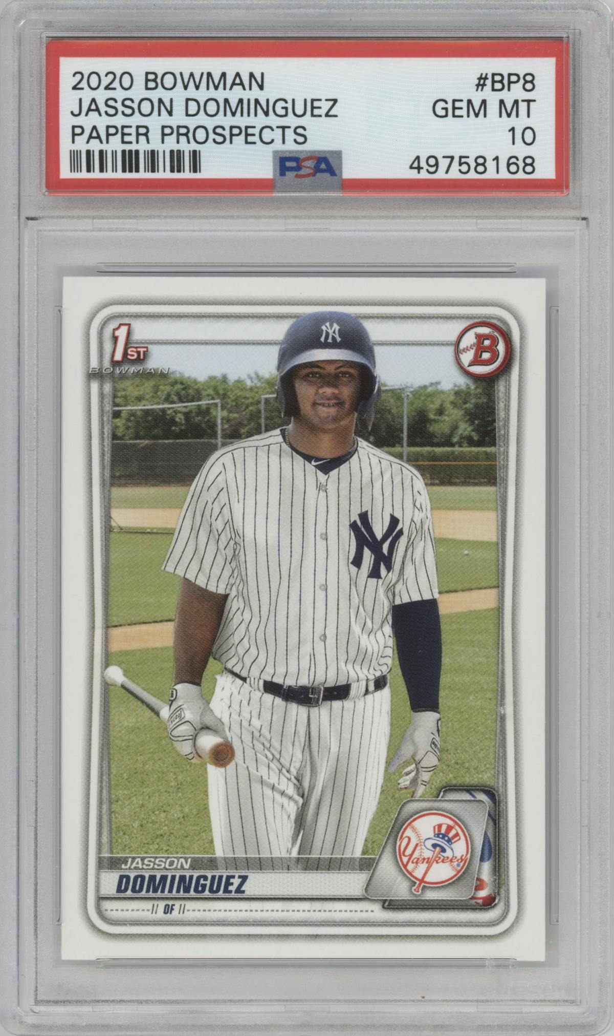 Jasson Dominguez from the 2020 Bowman set graded by PSA and given an overall grade of 10.