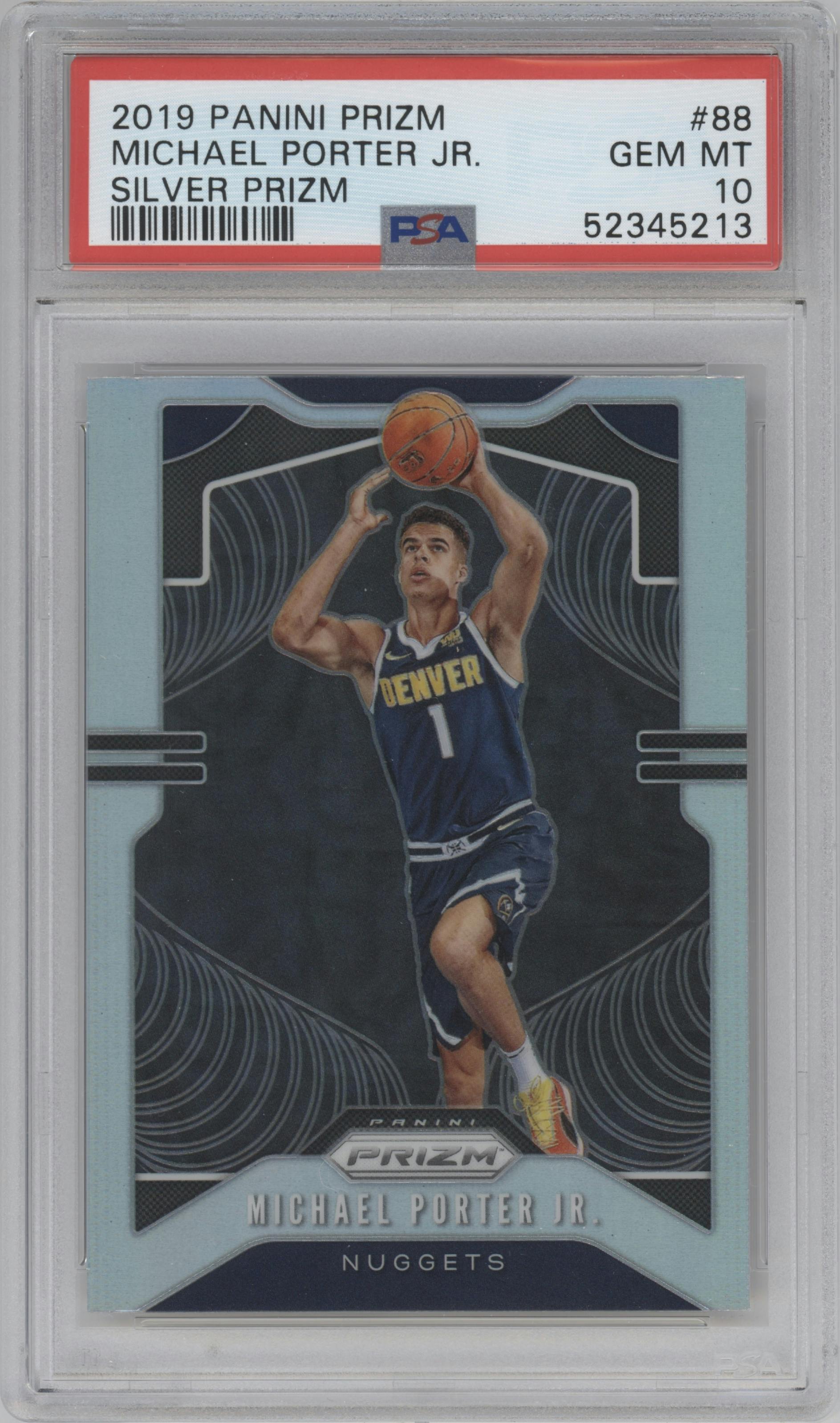 Michael Porter Jr. from the 2019-20 Panini Prizm set featuring a Silver Prizm parallel graded by PSA and given an overall grade of 10.