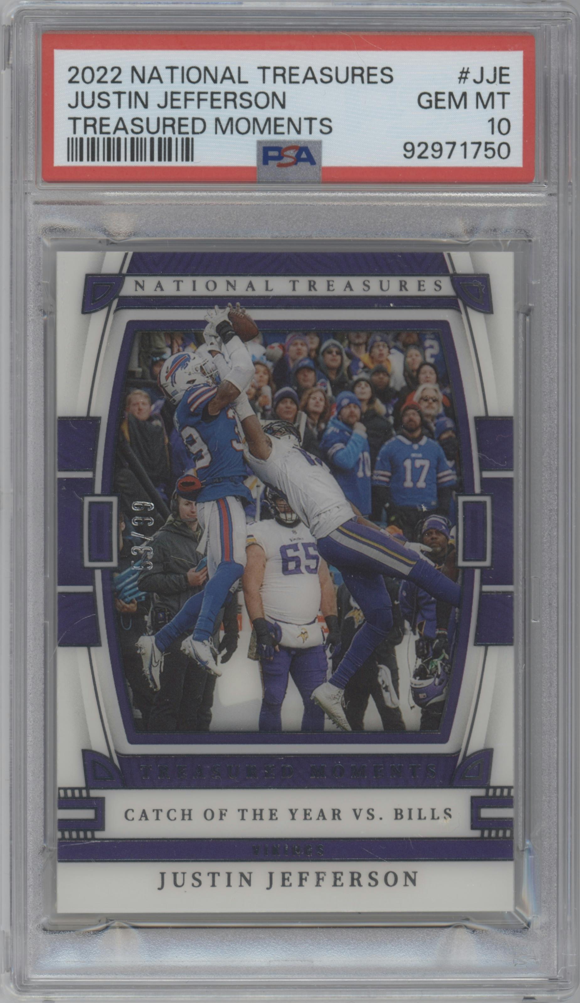 Justin Jefferson from the 2022 Panini National Treasures set graded by PSA and given an overall grade of 10.