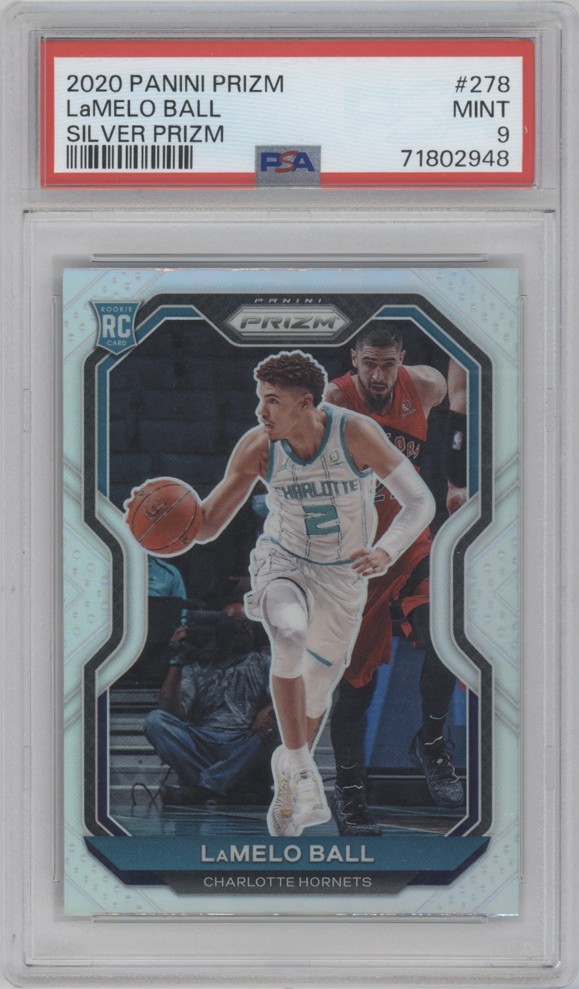 LaMelo Ball from the 2020-21 Panini Prizm set featuring a Silver Prizm parallel graded by PSA and given an overall grade of 9.