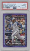 Ronald Acuna Jr. from the 2024 Topps Chrome set featuring a Purple Sonar Refractor parallel graded by PSA and given an overall grade of 10.