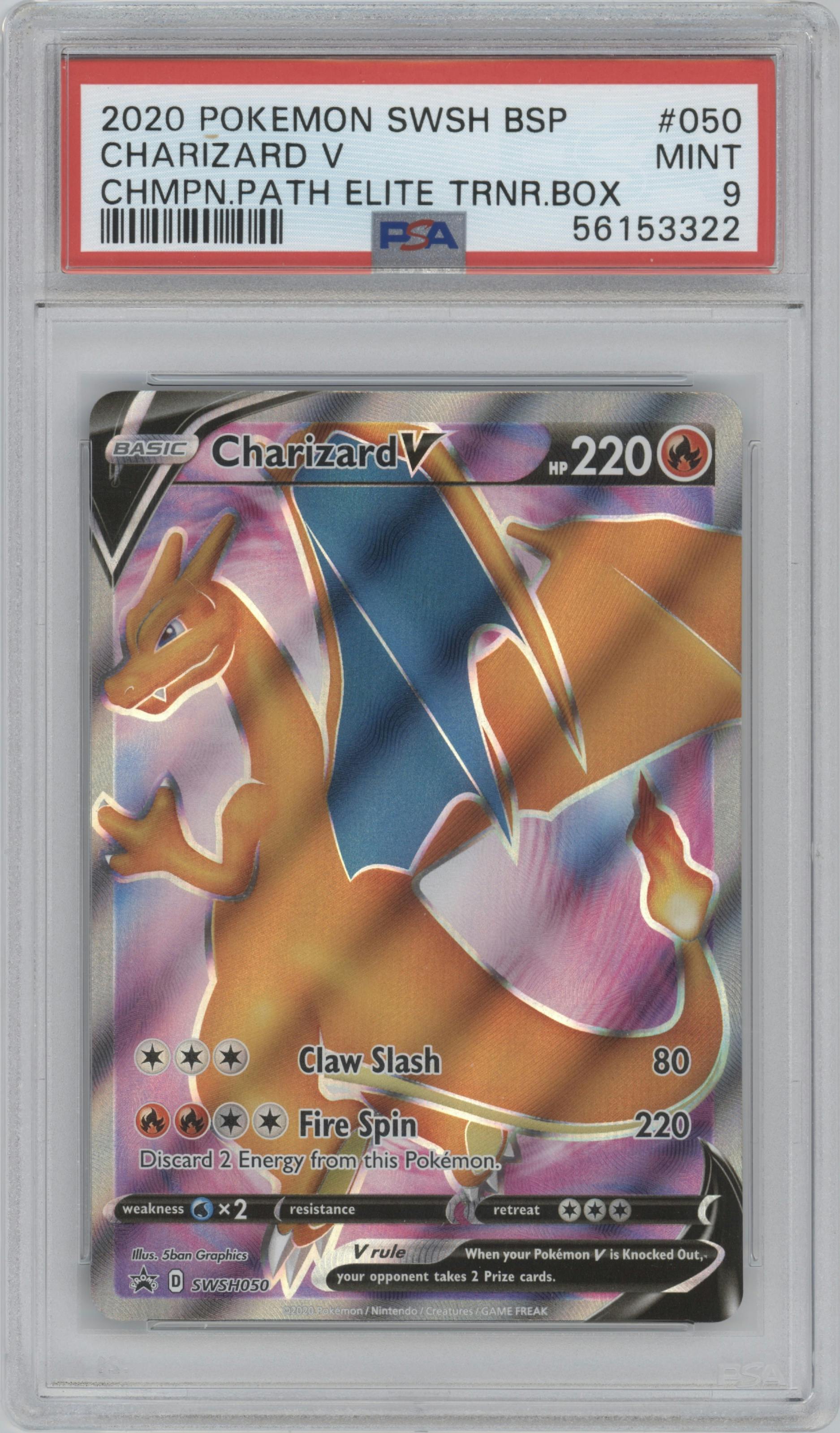 Charizard V from the 2020 Pokemon SWSH set featuring a Champion's Path ETB parallel graded by PSA and given an overall grade of 9.