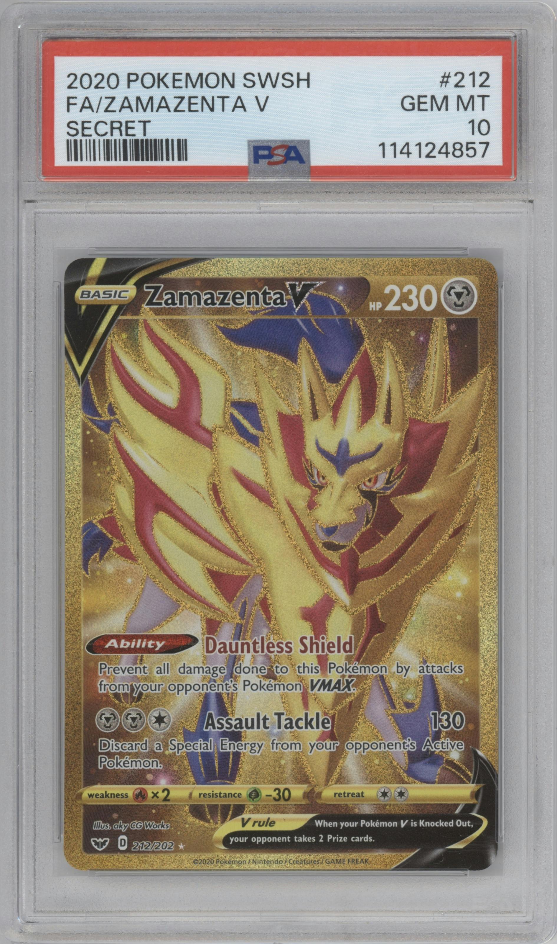 Zamazenta V from the 2020 Pokemon SWSH set graded by PSA and given an overall grade of 10.