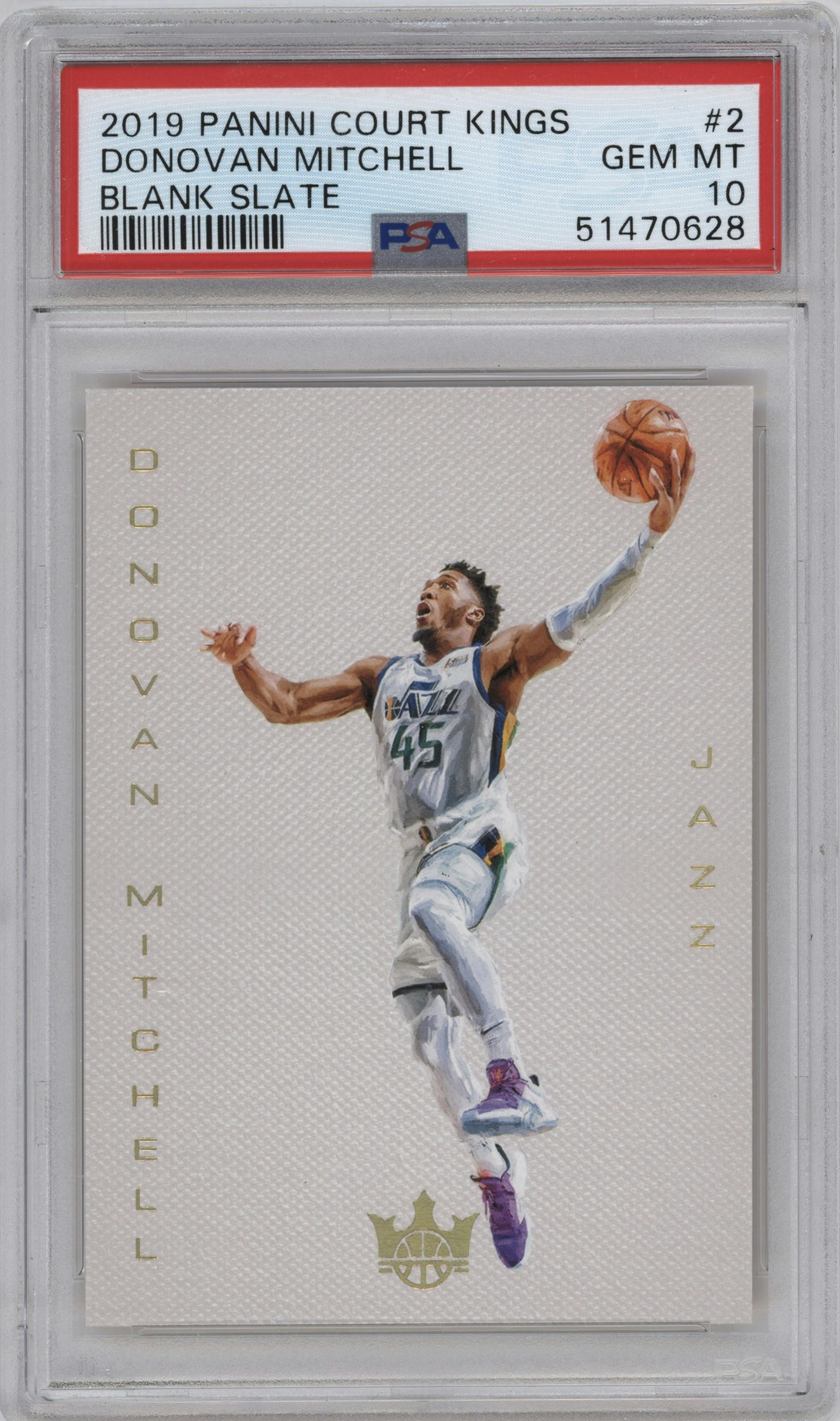 Donovan Mitchell from the 2019-20 Panini Court Kings set graded by PSA and given an overall grade of 10.