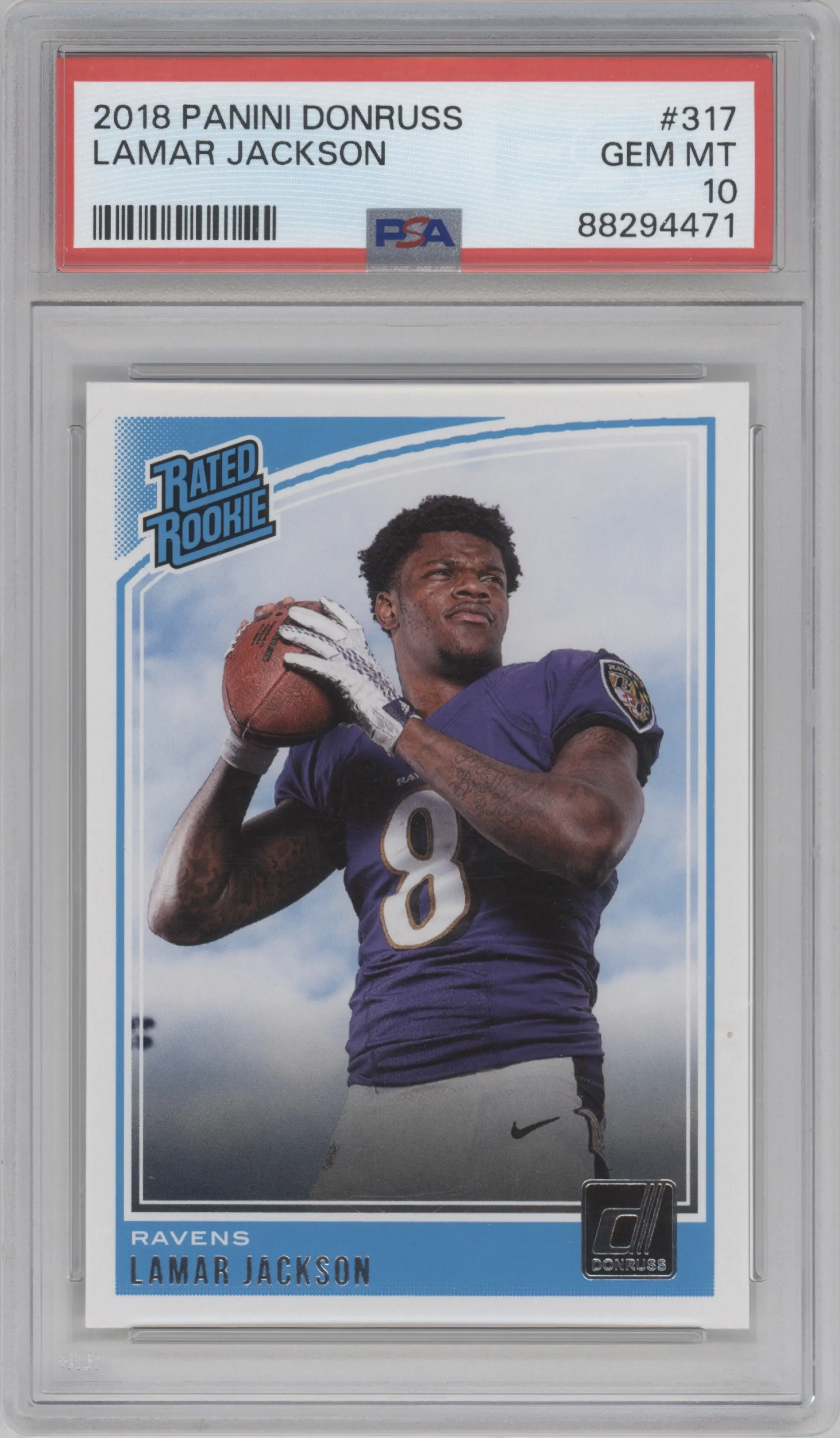 Lamar Jackson from the 2018 Panini Donruss set graded by PSA and given an overall grade of 10.