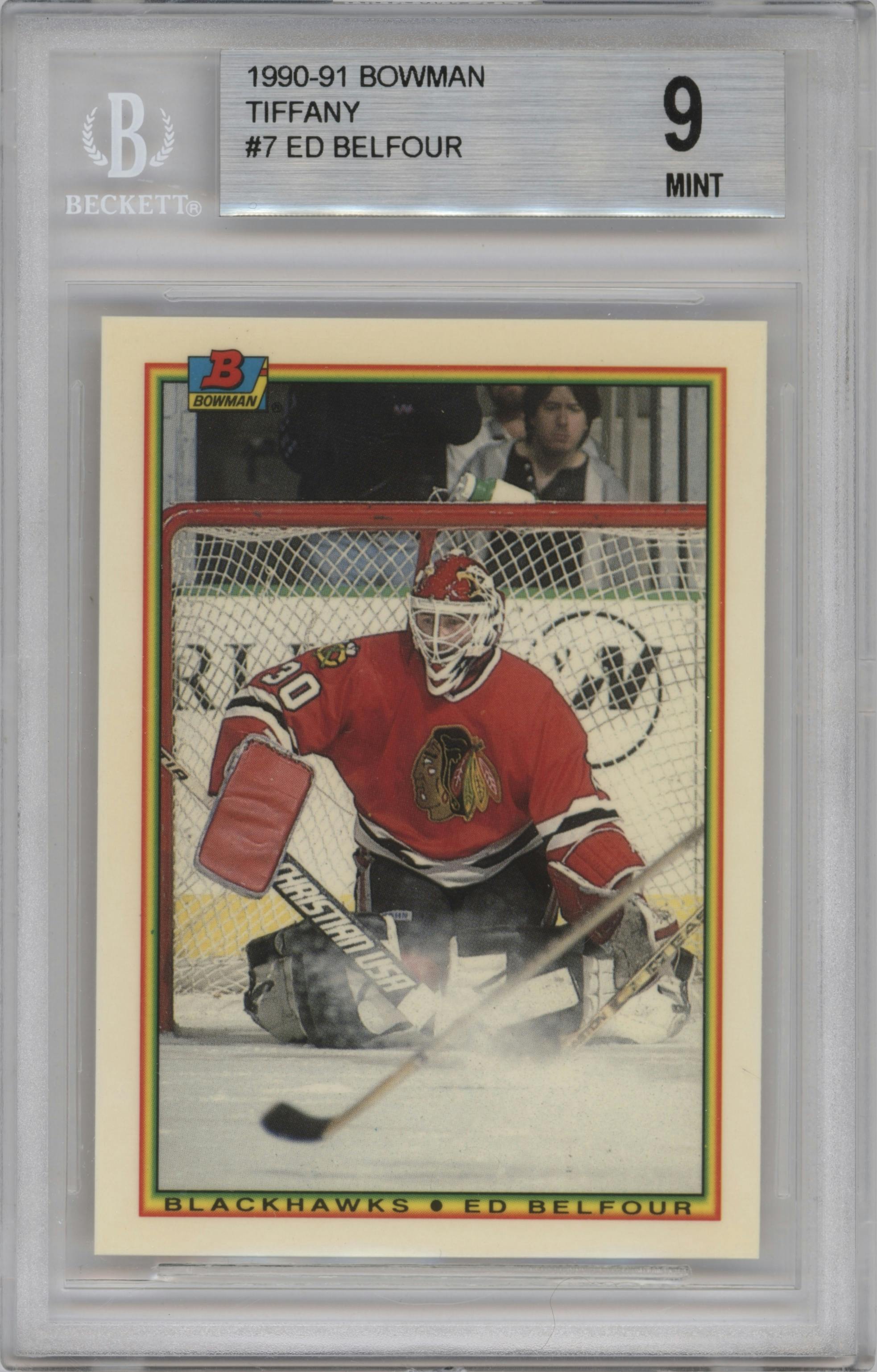 Ed Belfour from the 1990-91 Bowman set featuring a Tiffany parallel graded by Beckett and given an overall grade of 9.