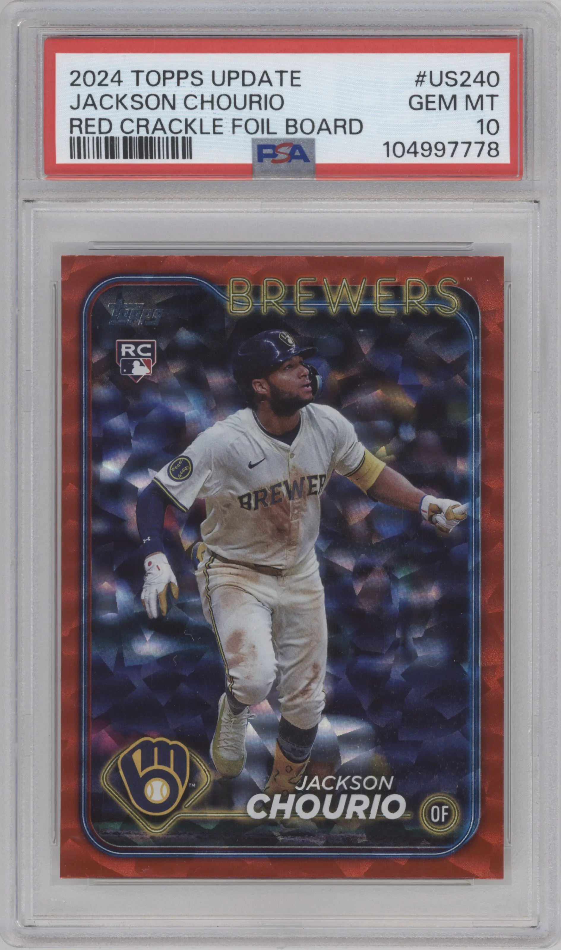 Jackson Chourio from the 2024 Topps Update set featuring a Red Crackle Foilboard parallel graded by PSA and given an overall grade of 10.