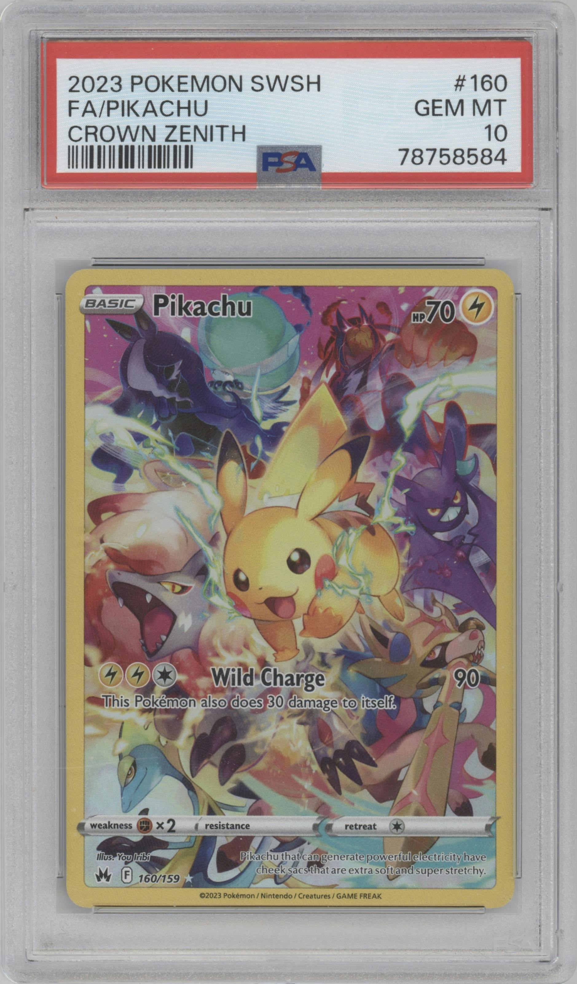 Pikachu  from the 2023 Pokemon SWSH set graded by PSA and given an overall grade of 10.