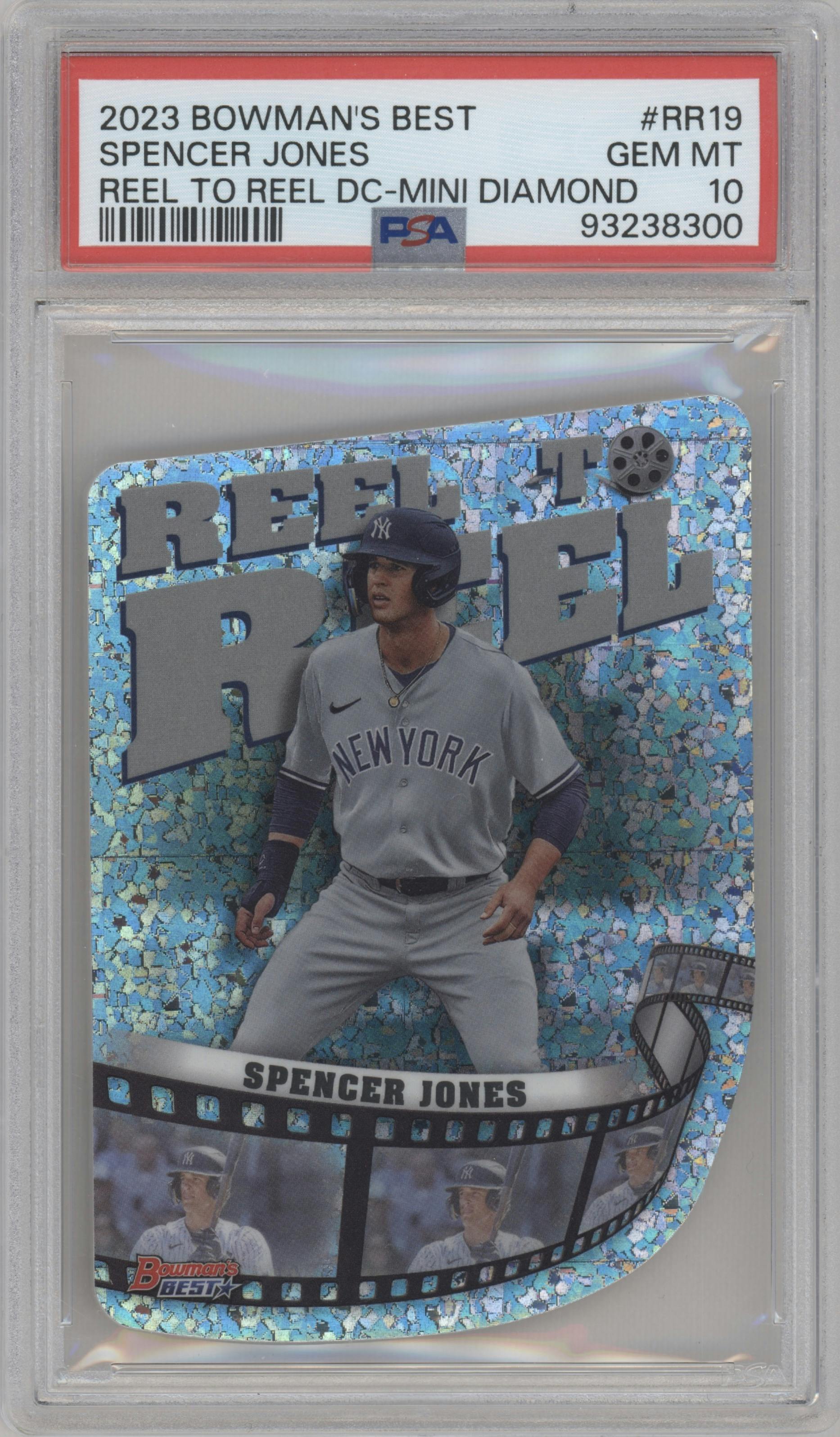 Spencer Jones  from the 2023 Bowman's Best set featuring a Mini Diamond parallel graded by PSA and given an overall grade of 10.