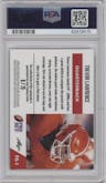 Trevor Lawrence from the 2021 Leaf Pro Set Metal set featuring a Rainbow Blue parallel graded by PSA and given an overall grade of 9.