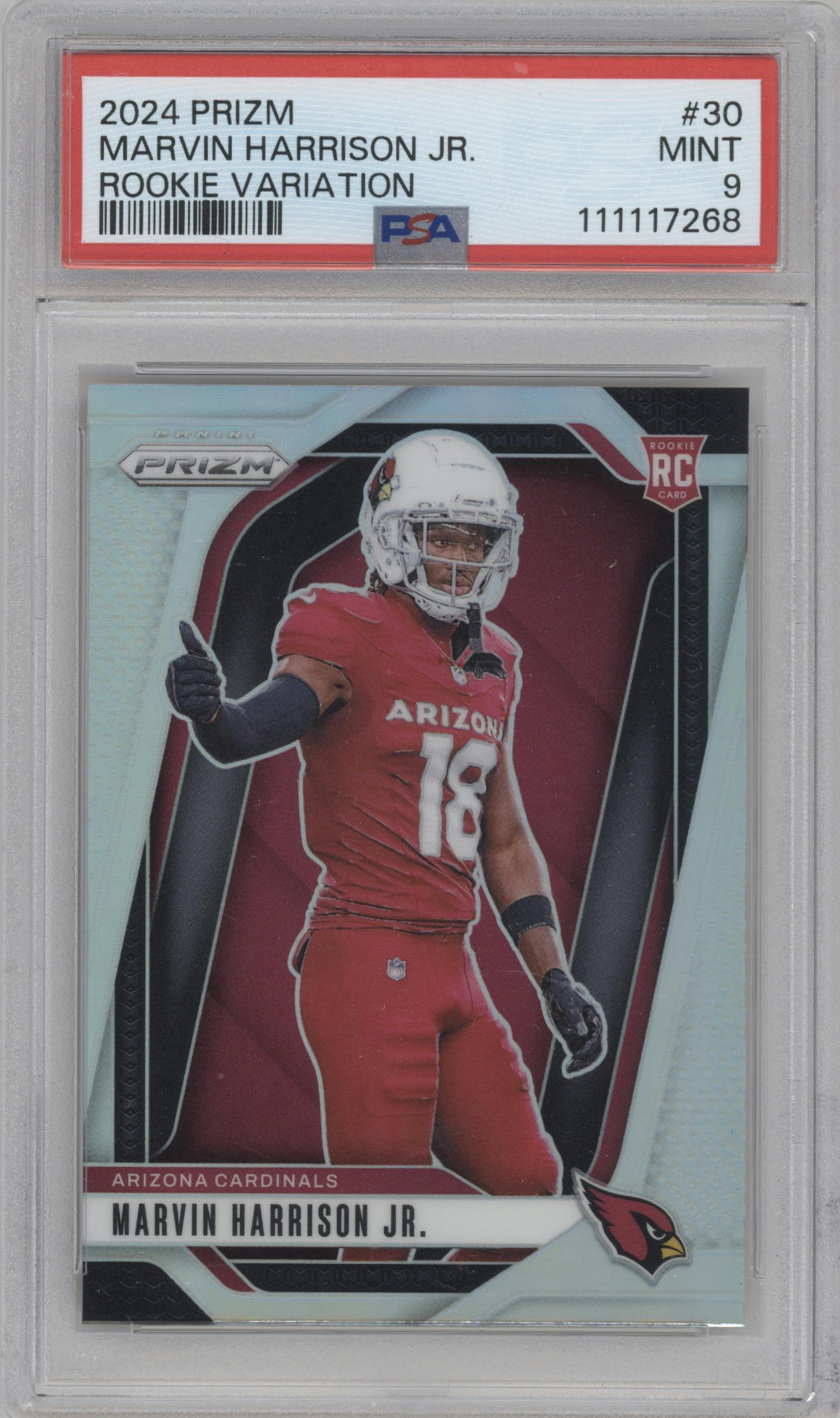 Marvin Harrison Jr. from the 2024 Panini Prizm set graded by PSA and given an overall grade of 9.