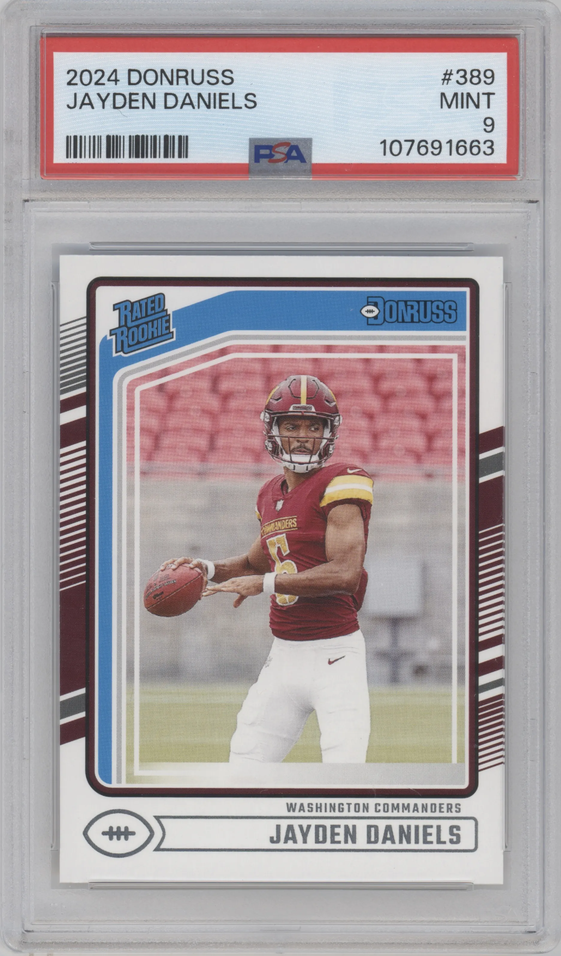 Jayden Daniels from the 2024 Donruss set graded by PSA and given an overall grade of 9.