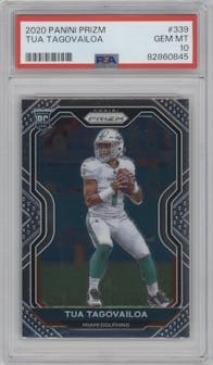 Tua Tagovailoa from the 2020 Panini Prizm set graded by PSA and given an overall grade of 10.