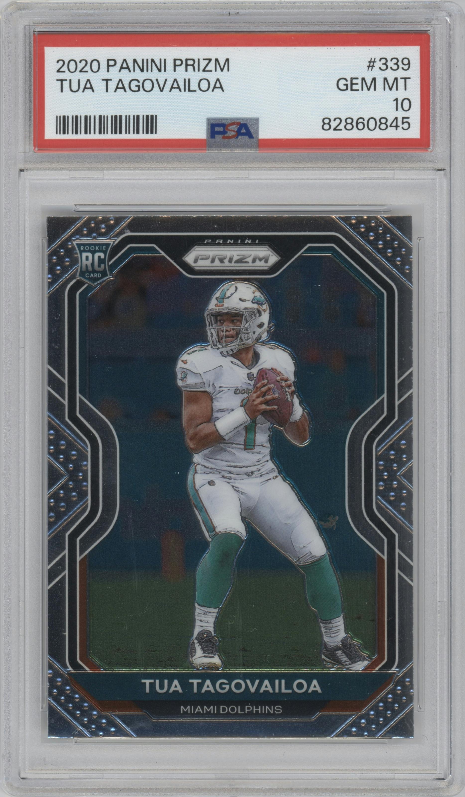 Tua Tagovailoa from the 2020 Panini Prizm set graded by PSA and given an overall grade of 10.