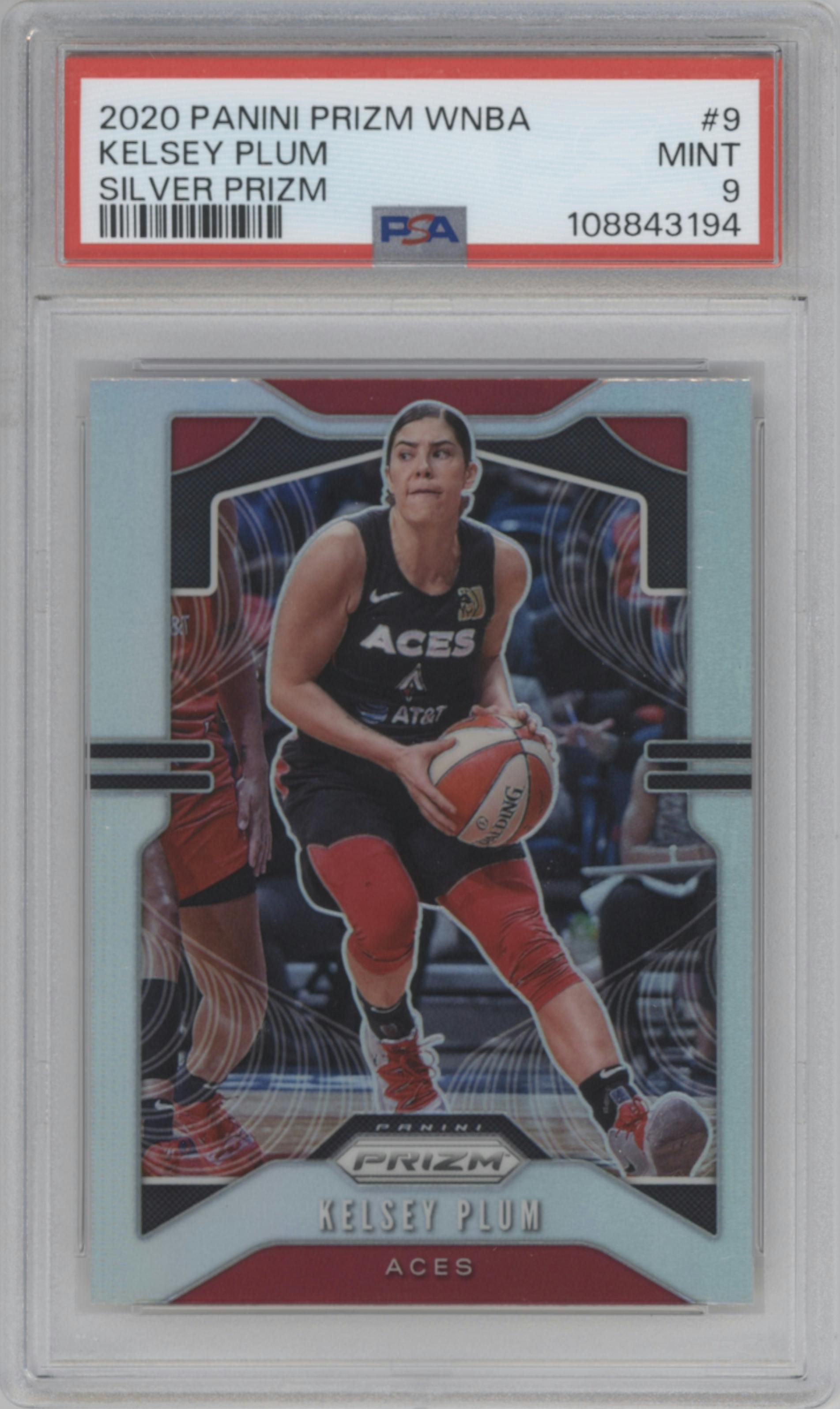 Kelsey Plum from the 2020 Panini Prizm WNBA set featuring a Silver Prizm parallel graded by PSA and given an overall grade of 9.