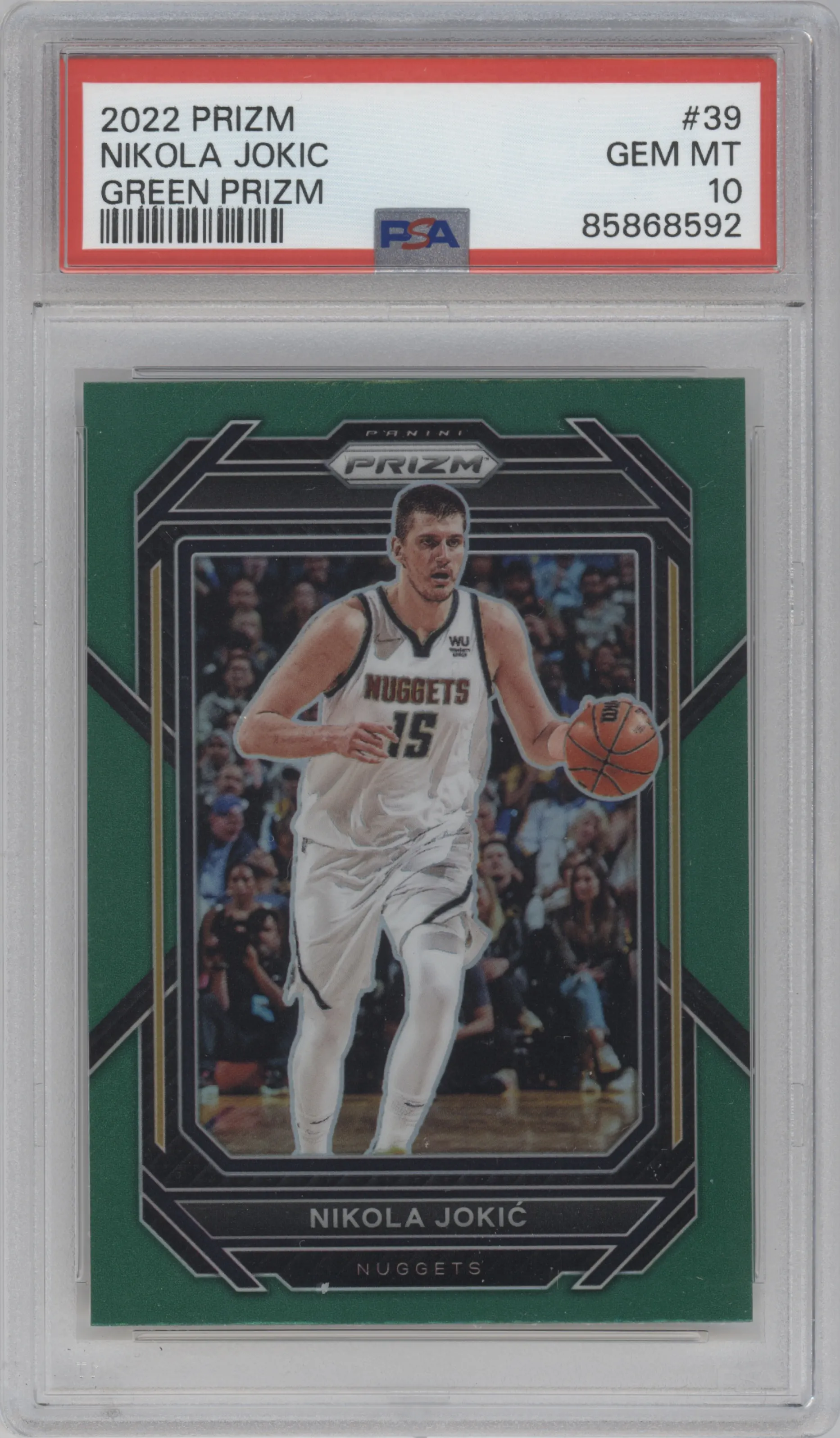  Nikola Jokic from the 2022-23 Panini Prizm  set featuring a Green Prizm parallel graded by PSA and given an overall grade of 10.