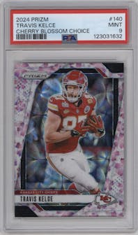 Travis Kelce from the 2024 Panini Prizm set featuring a Choice Cherry Blossom Prizm parallel graded by PSA and given an overall grade of 9.