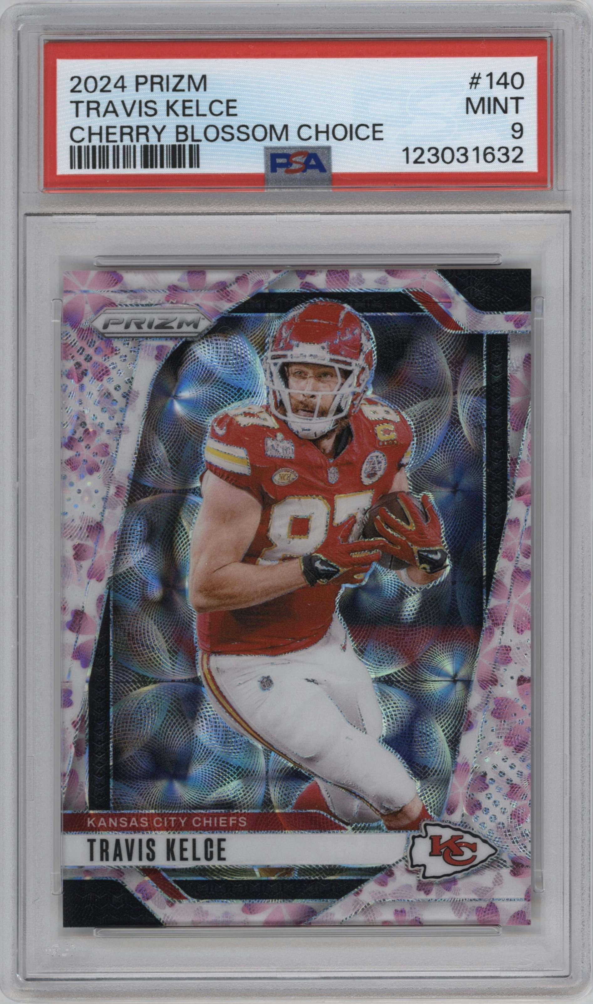 Travis Kelce from the 2024 Panini Prizm set featuring a Choice Cherry Blossom Prizm parallel graded by PSA and given an overall grade of 9.