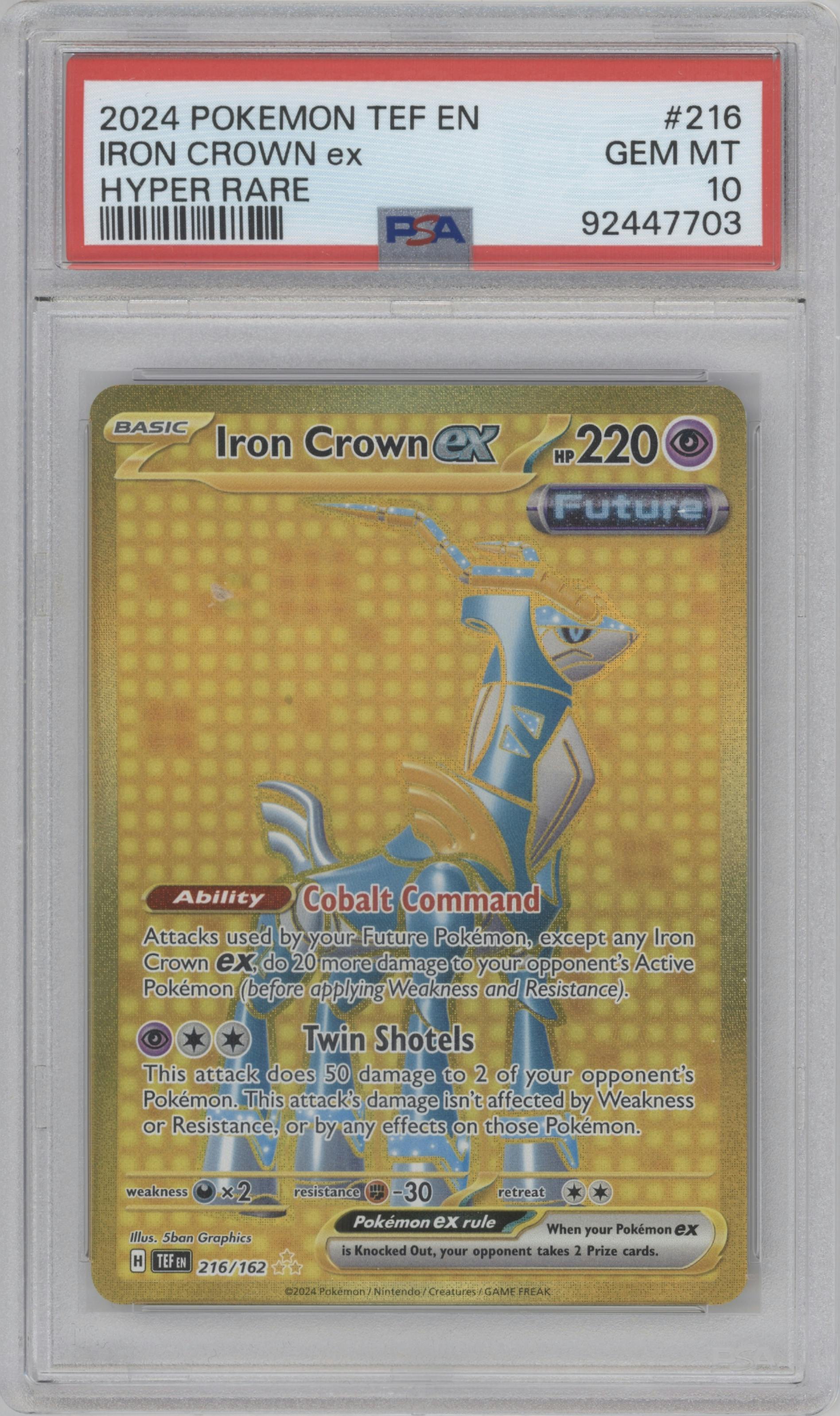 Iron Crown ex from the 2024 Pokemon SV set graded by PSA and given an overall grade of 10.