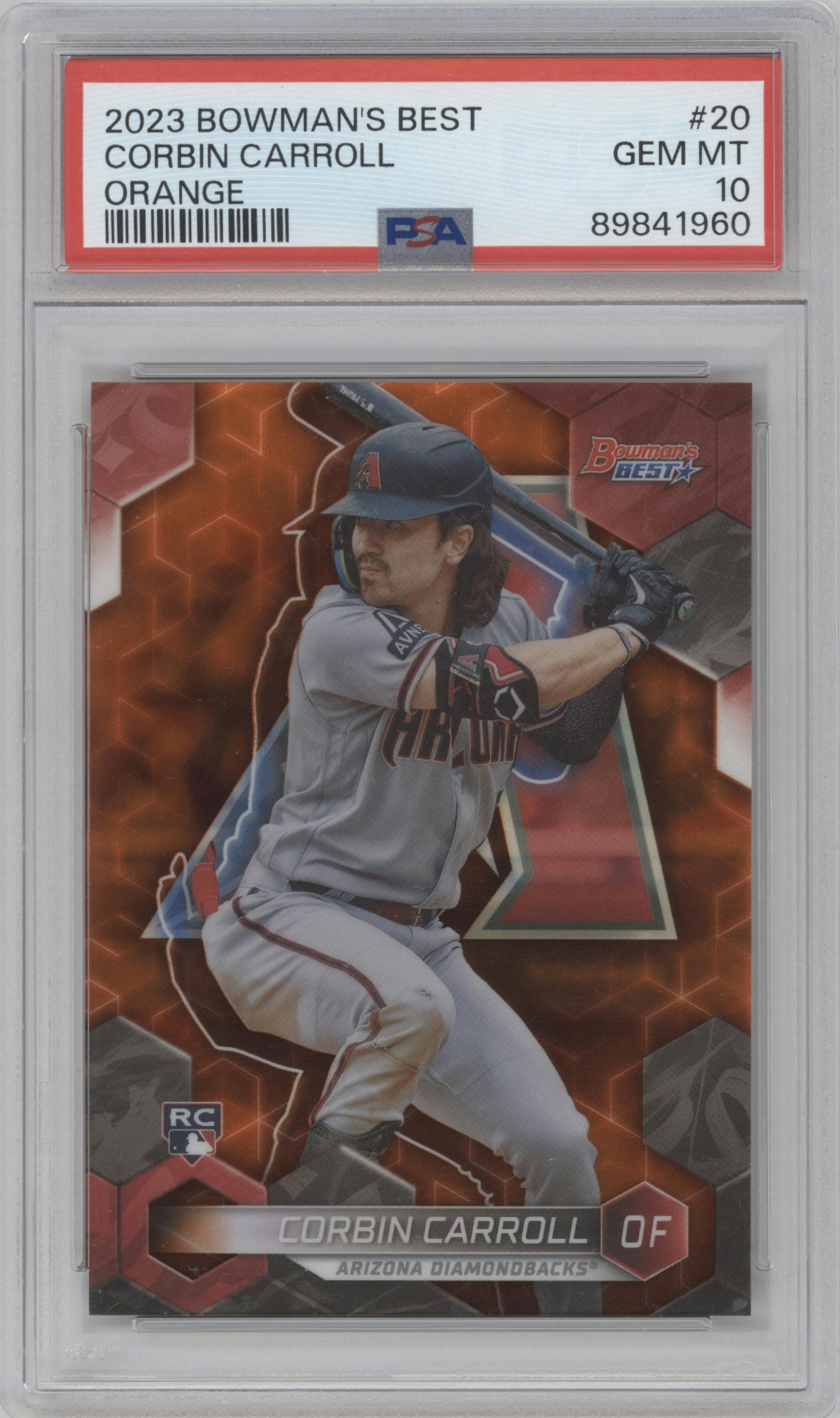 Corbin Carroll from the 2023 Bowman's Best set featuring a Orange Refractor parallel graded by PSA and given an overall grade of 10.