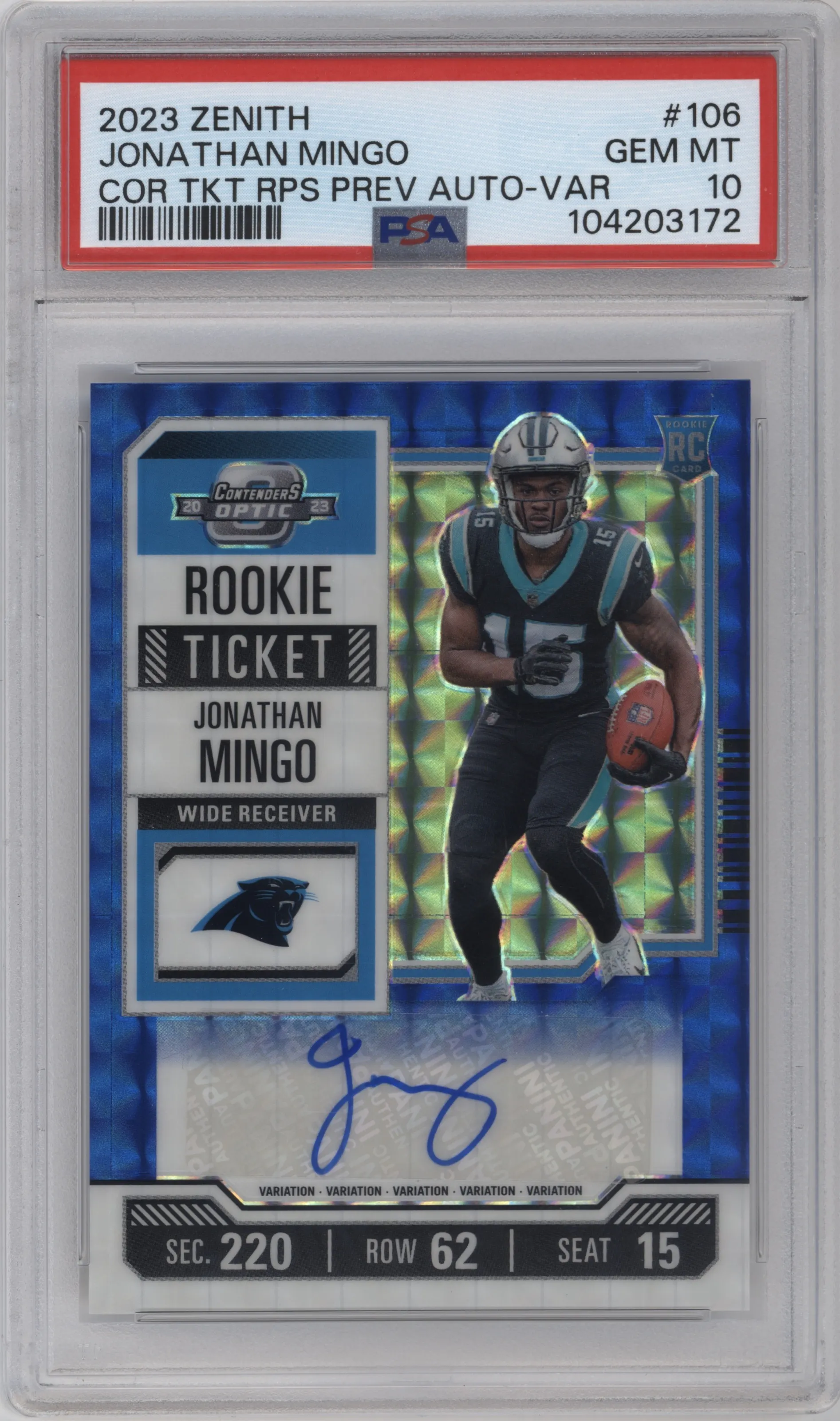 2023 Panini Zenith Cont.Opt.Rke.Tkt.Var.Prev. Jonathan Mingo Blue PSA 10