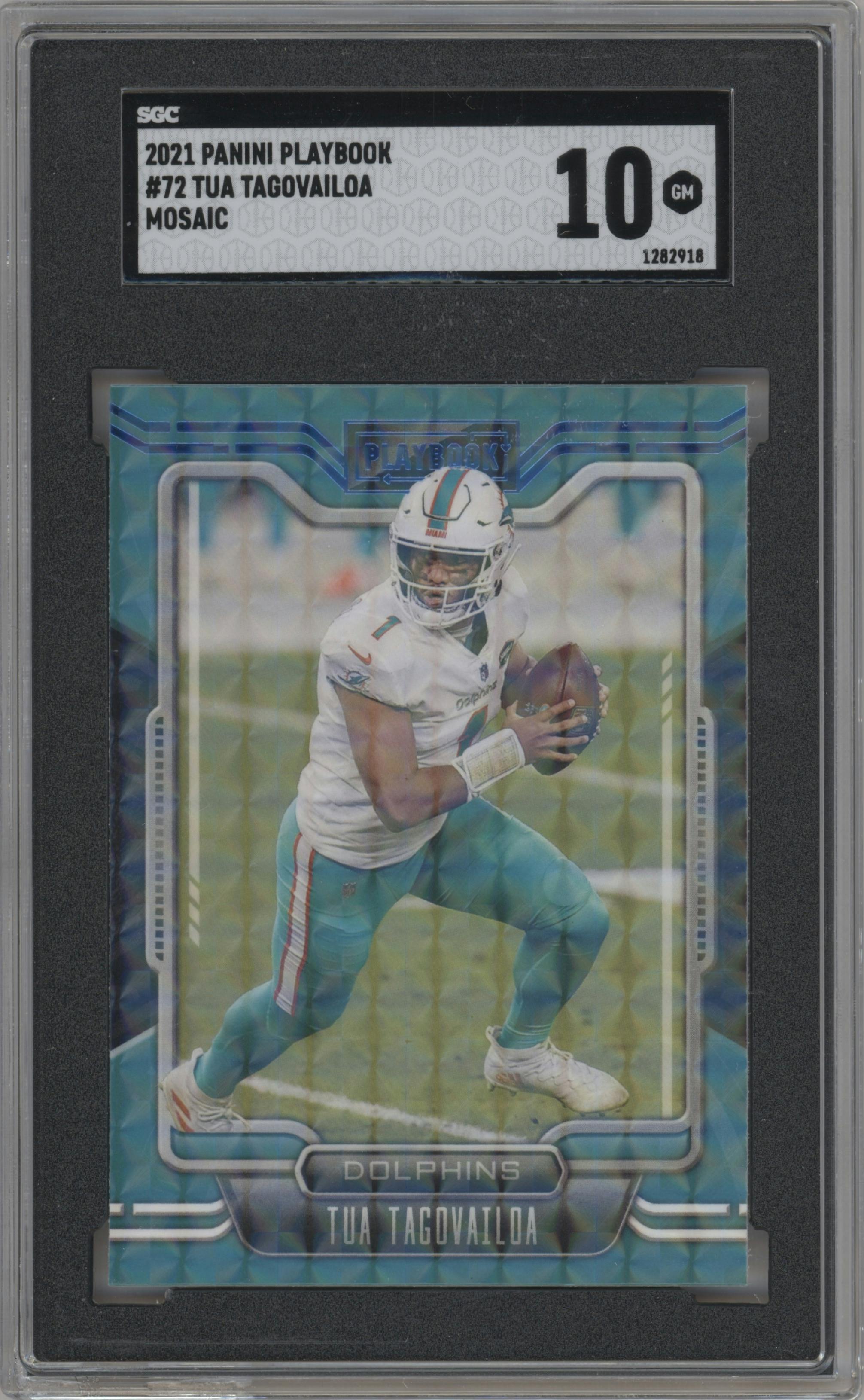 Tua Tagovailoa from the 2021 Panini Playbook set featuring a Mosaic parallel graded by SGC and given an overall grade of 10.