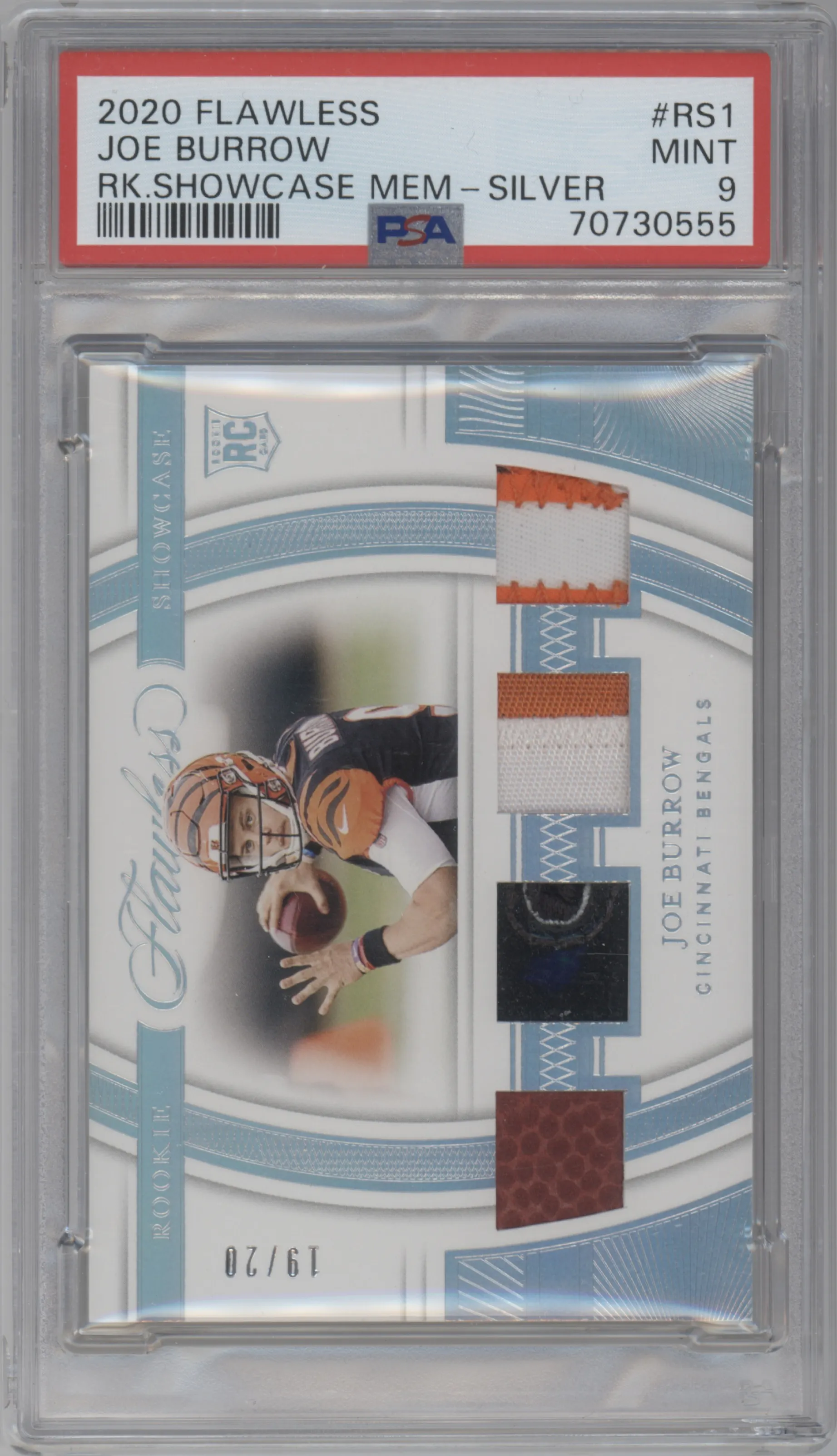Joe Burrow from the 2020 Panini Flawless set featuring a Silver parallel graded by PSA and given an overall grade of 9.