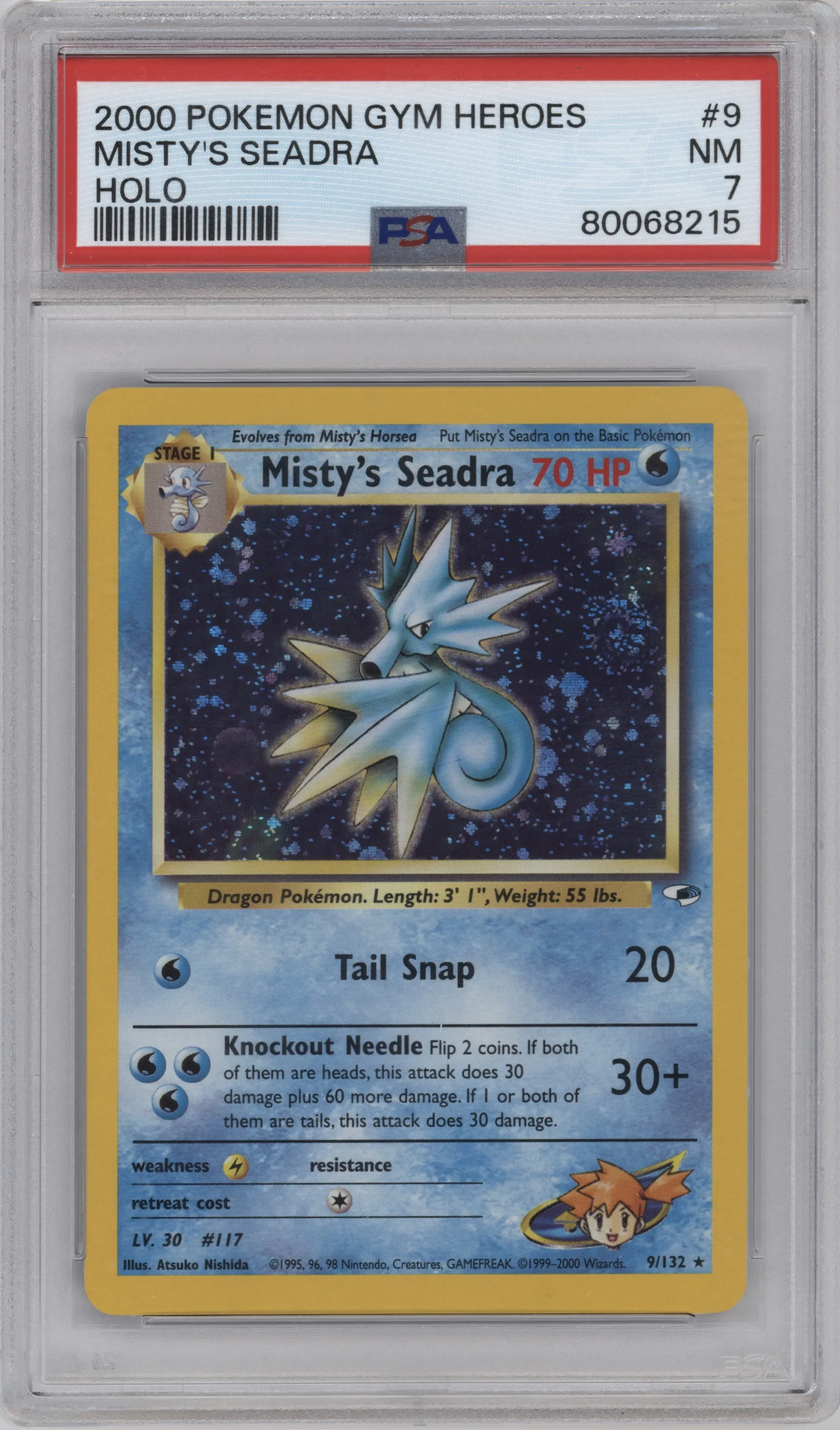 Misty's Seadra from the 2000 Pokemon GH set graded by PSA and given an overall grade of 7.