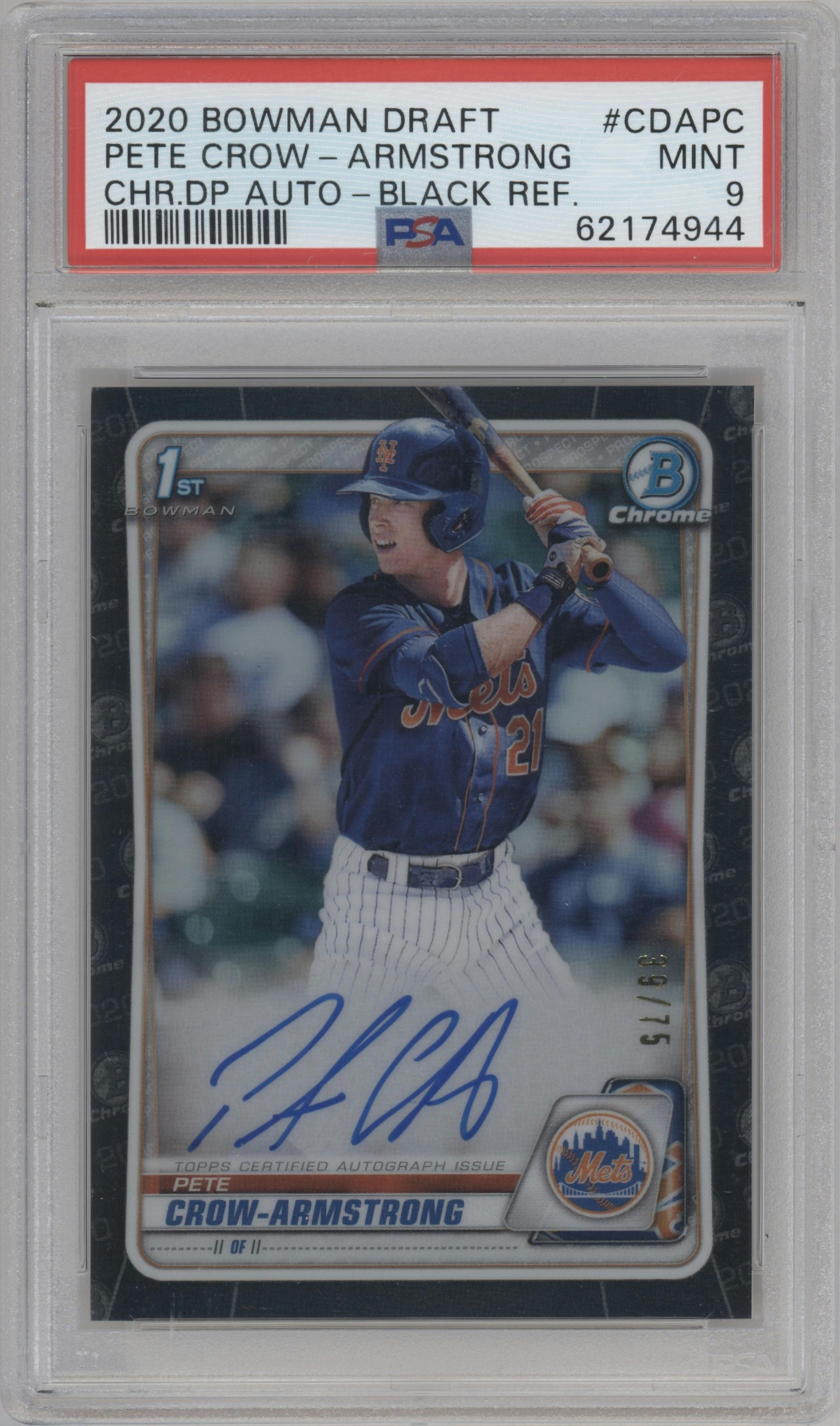 Pete Crow-Armstrong from the 2020 Bowman Draft set featuring a Black Refractor parallel graded by PSA and given an overall grade of 9.