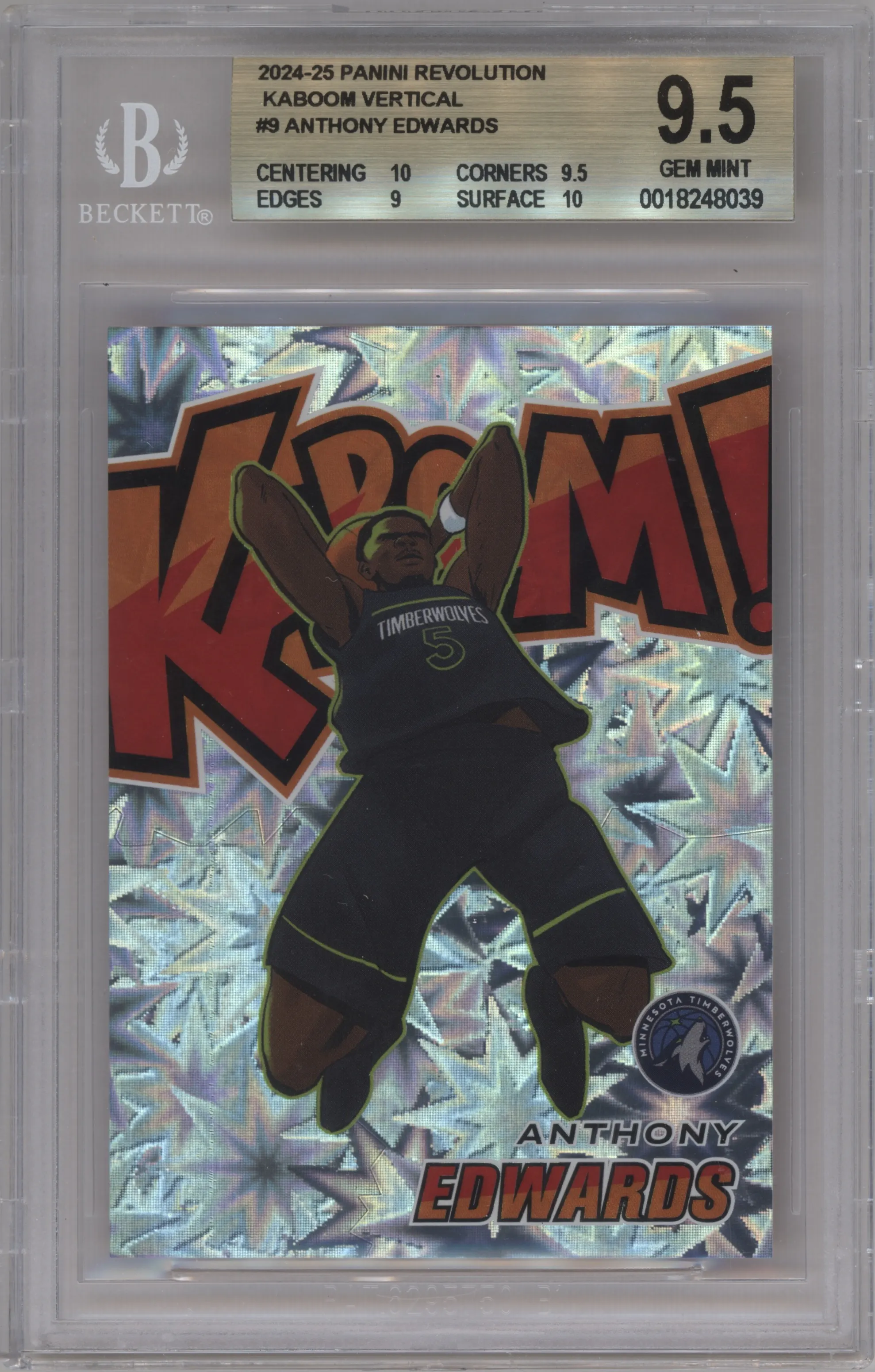 Anthony Edwards from the 2024-25 Panini Revolution set graded by Beckett and given an overall grade of 9.5.