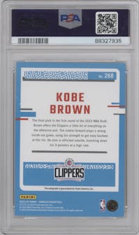 Kobe Brown from the 2023-24 Panini Donruss set featuring a Holo Frame parallel graded by PSA and given an overall grade of 8.5.