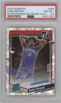 Kobe Brown from the 2023-24 Panini Donruss set featuring a Holo Frame parallel graded by PSA and given an overall grade of 8.5.