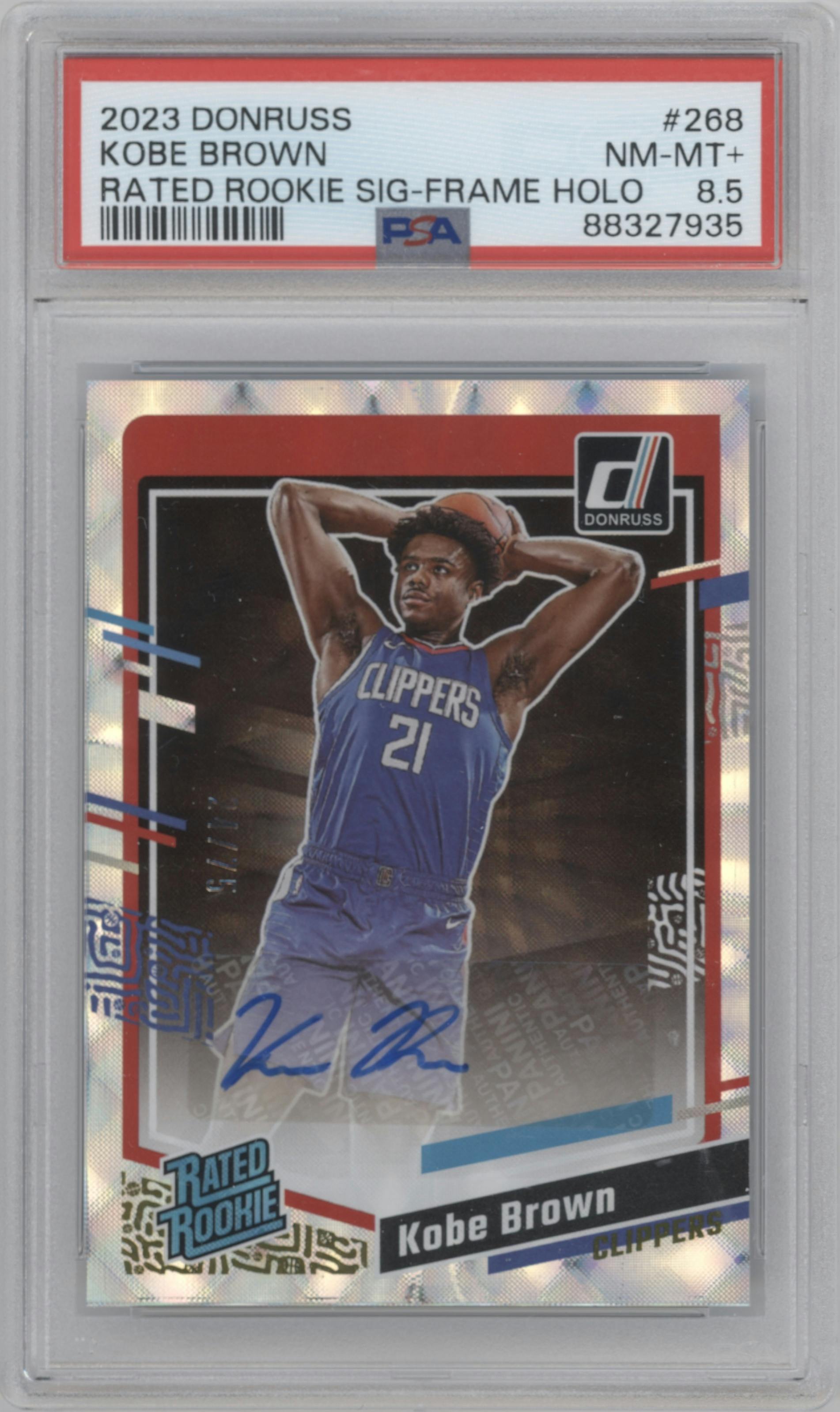 Kobe Brown from the 2023-24 Panini Donruss set featuring a Holo Frame parallel graded by PSA and given an overall grade of 8.5.