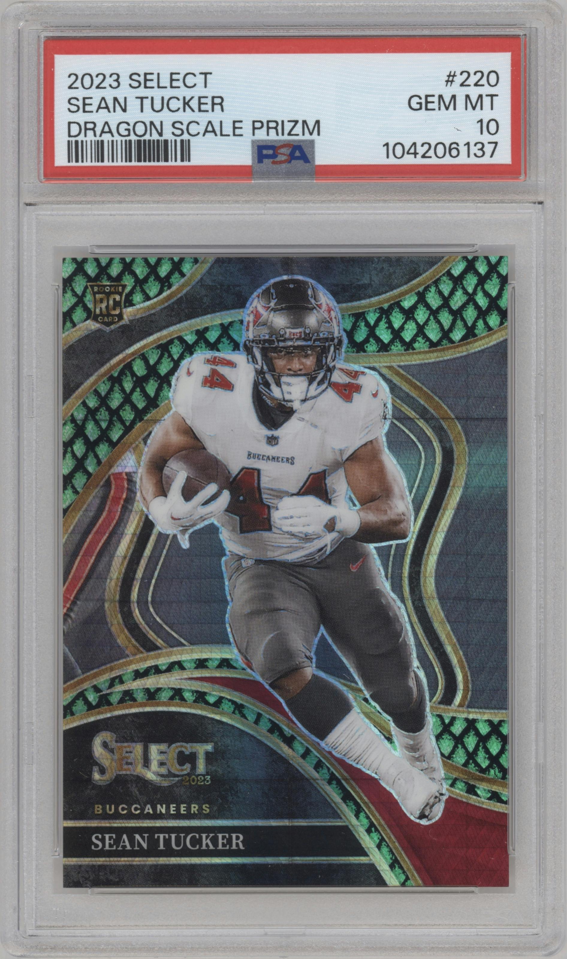 Sean Tucker from the 2023 Panini Select set featuring a Dragon Scale parallel graded by PSA and given an overall grade of 10.