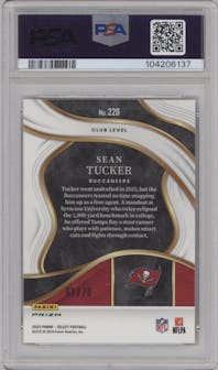 Sean Tucker from the 2023 Panini Select set featuring a Dragon Scale parallel graded by PSA and given an overall grade of 10.