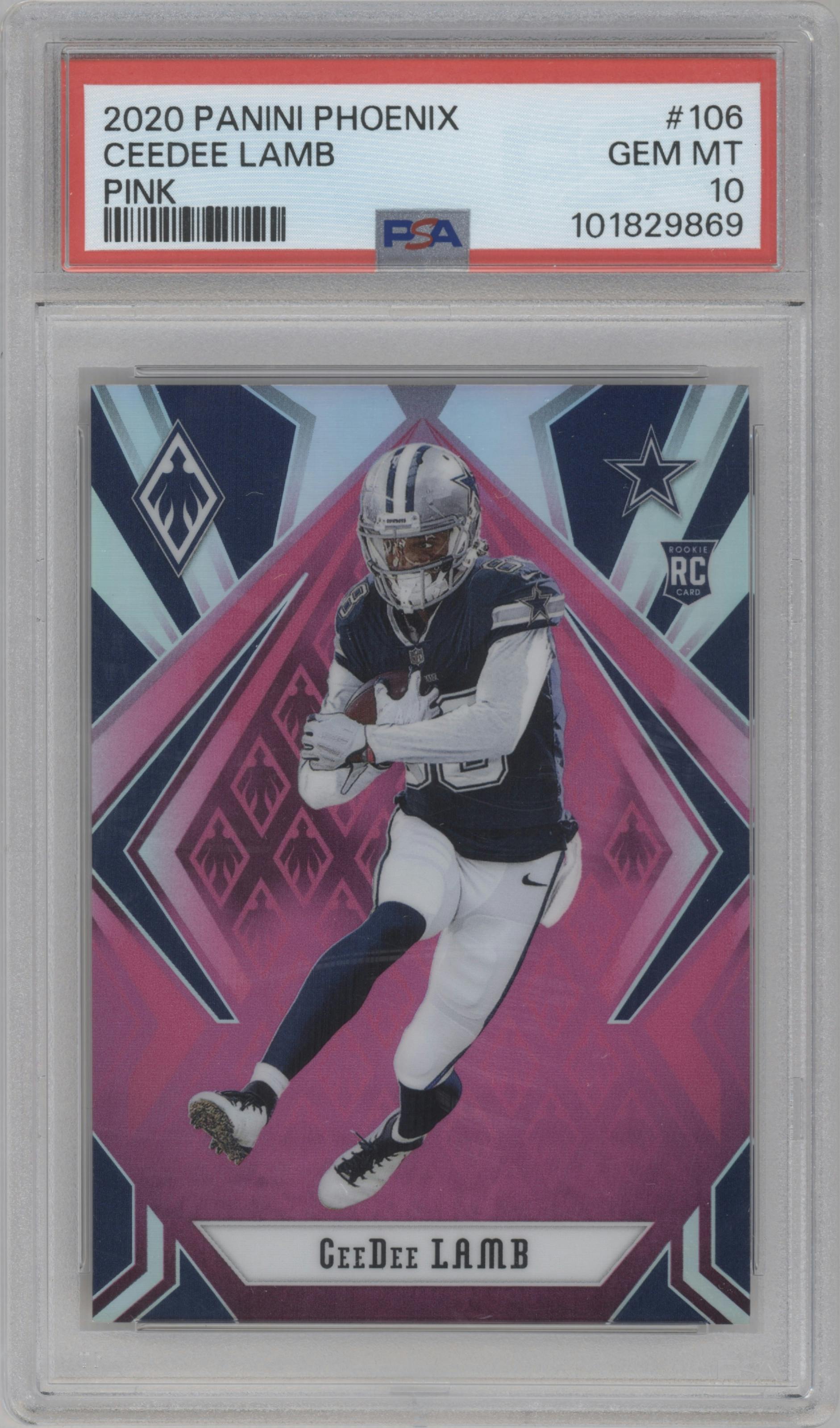 CeeDee Lamb from the 2020 Panini Phoenix set featuring a Pink parallel graded by PSA and given an overall grade of 10.