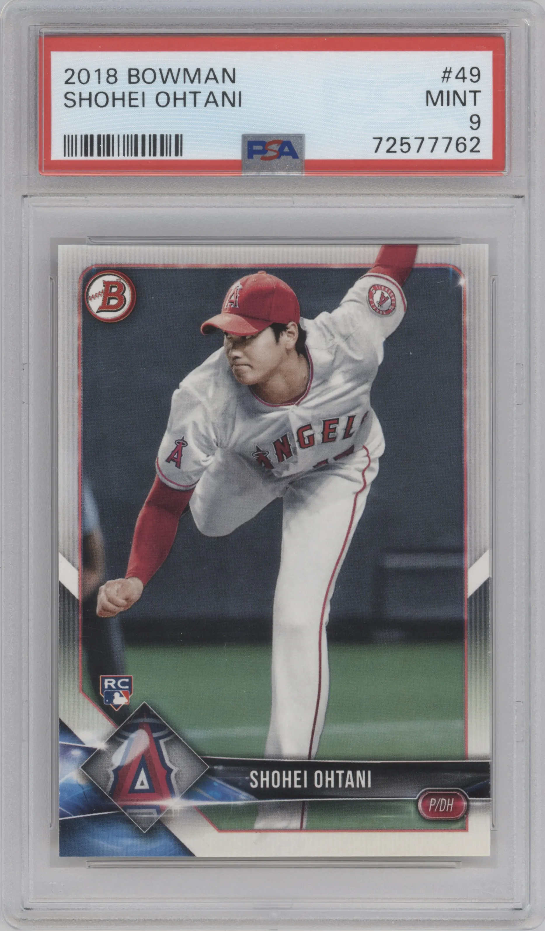 Shohei Ohtani from the 2018 Bowman set graded by PSA and given an overall grade of 9.