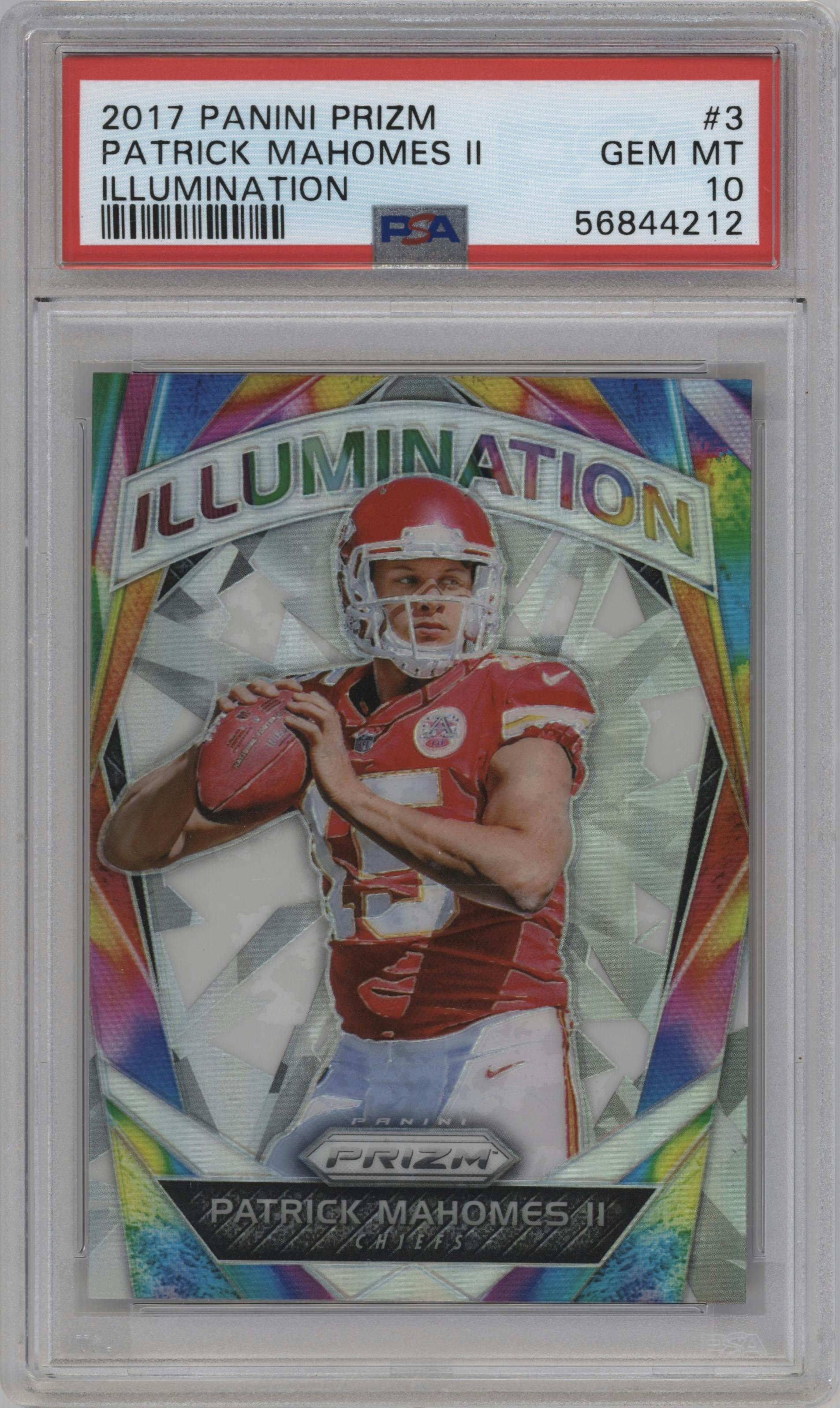 Patrick Mahomes II from the 2017 Panini Prizm set graded by PSA and given an overall grade of 10.