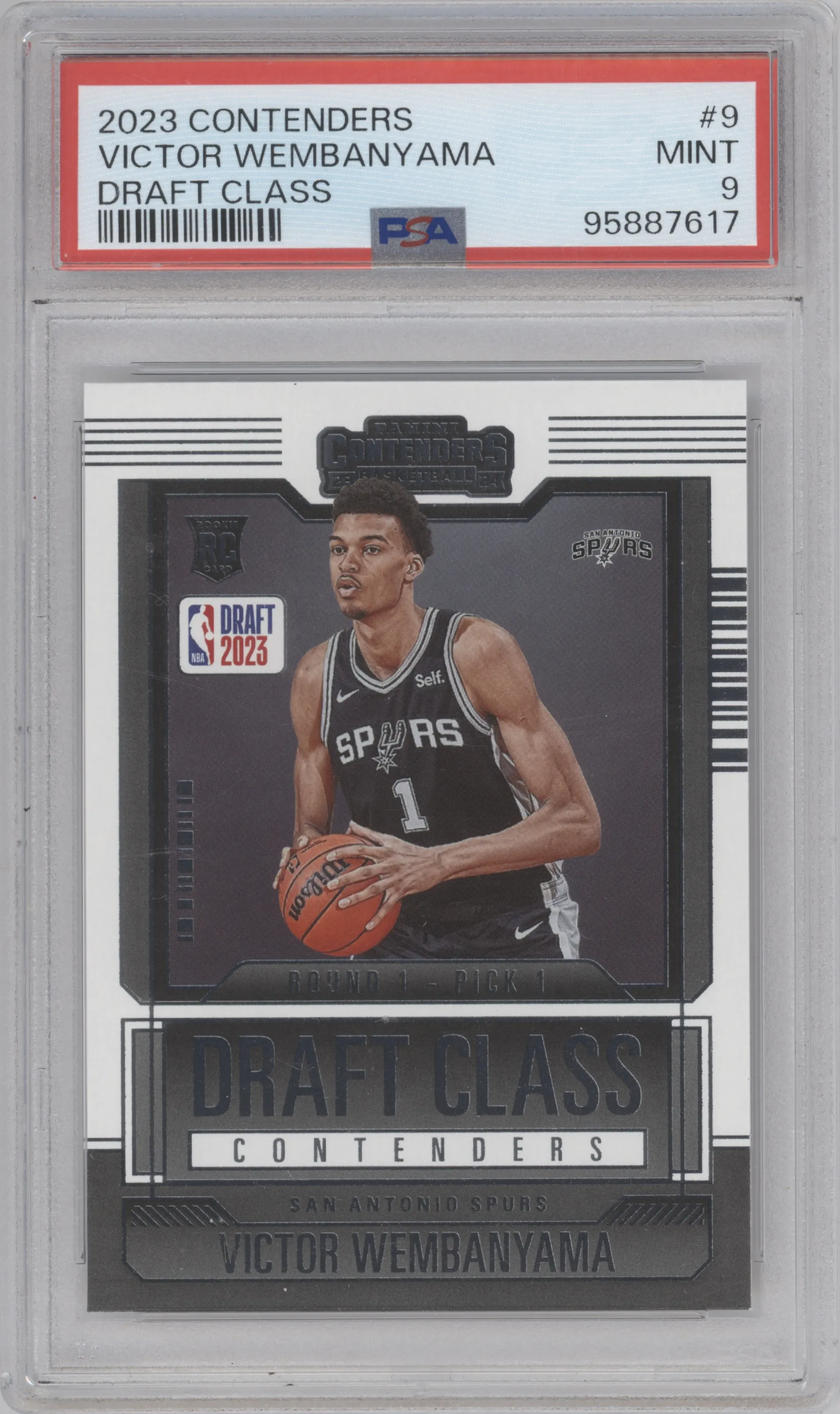Victor Wembanyama from the 2023-24 Panini Contenders set graded by PSA and given an overall grade of 9.