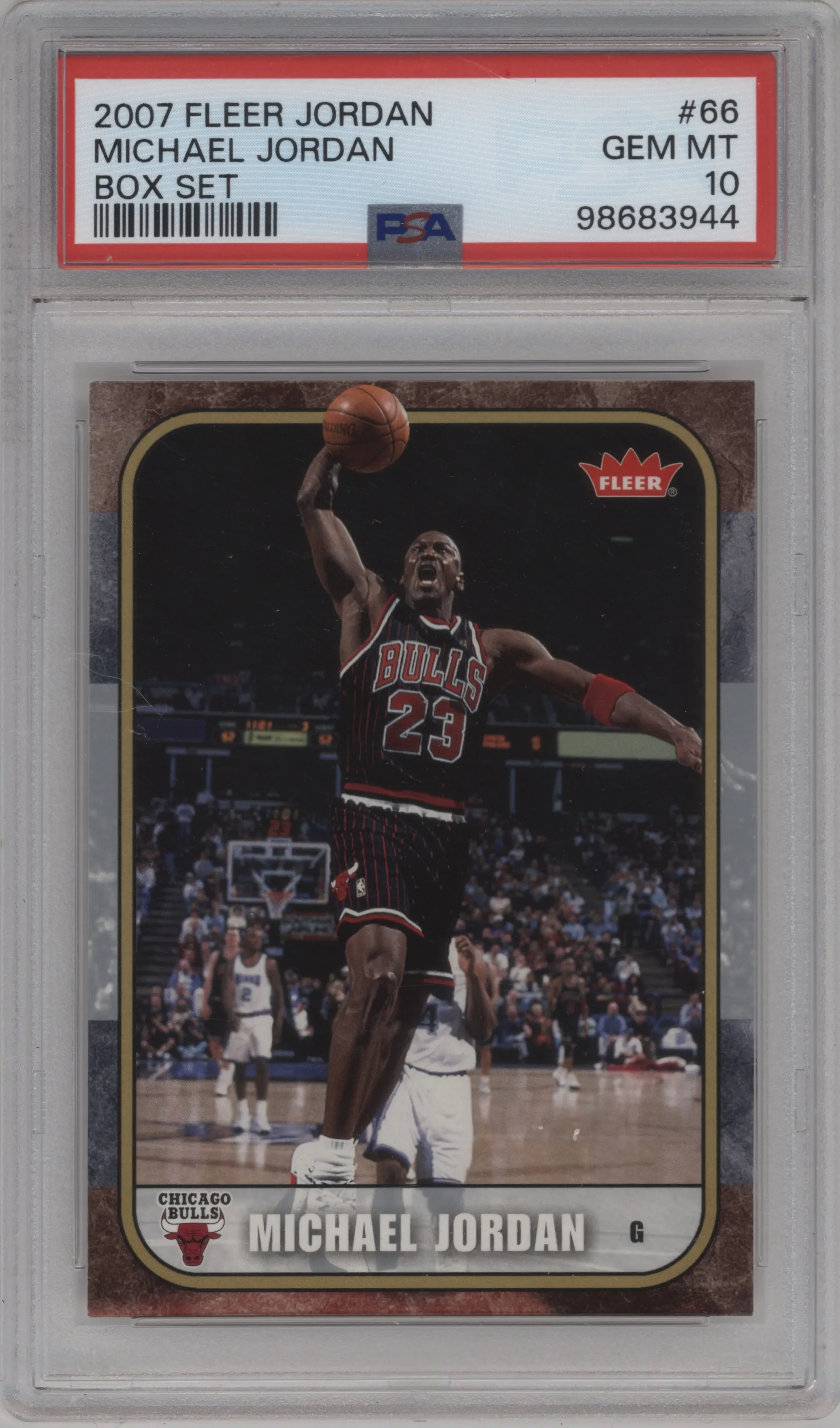 Michael Jordan from the 2007-08 Fleer Michael Jordan set graded by PSA and given an overall grade of 10.