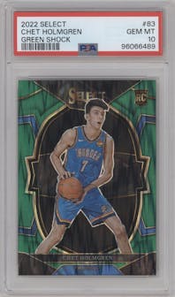 Chet Holmgren from the 2022-23 Panini Select set featuring a Green Shock parallel graded by PSA and given an overall grade of 10.