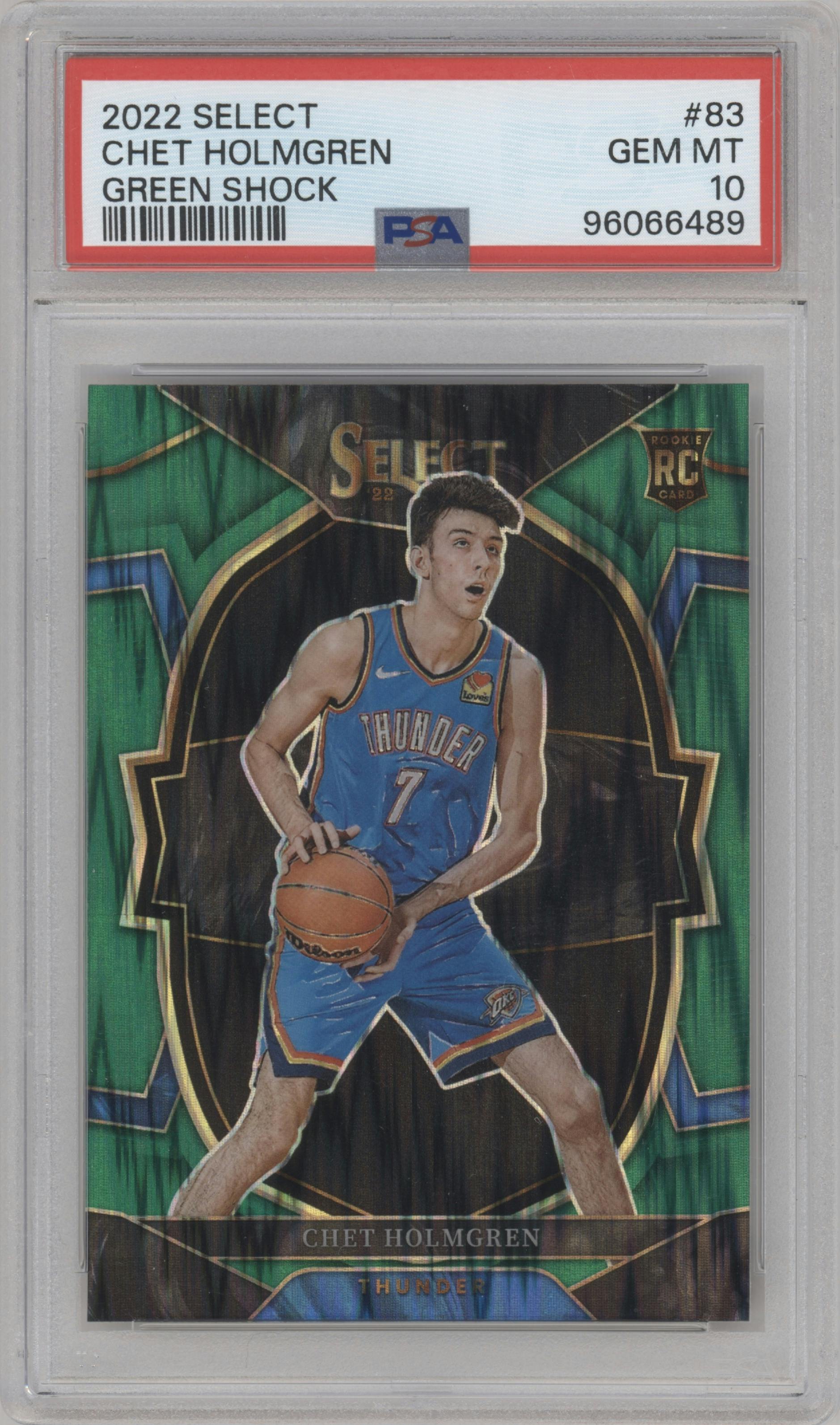 Chet Holmgren from the 2022-23 Panini Select set featuring a Green Shock parallel graded by PSA and given an overall grade of 10.