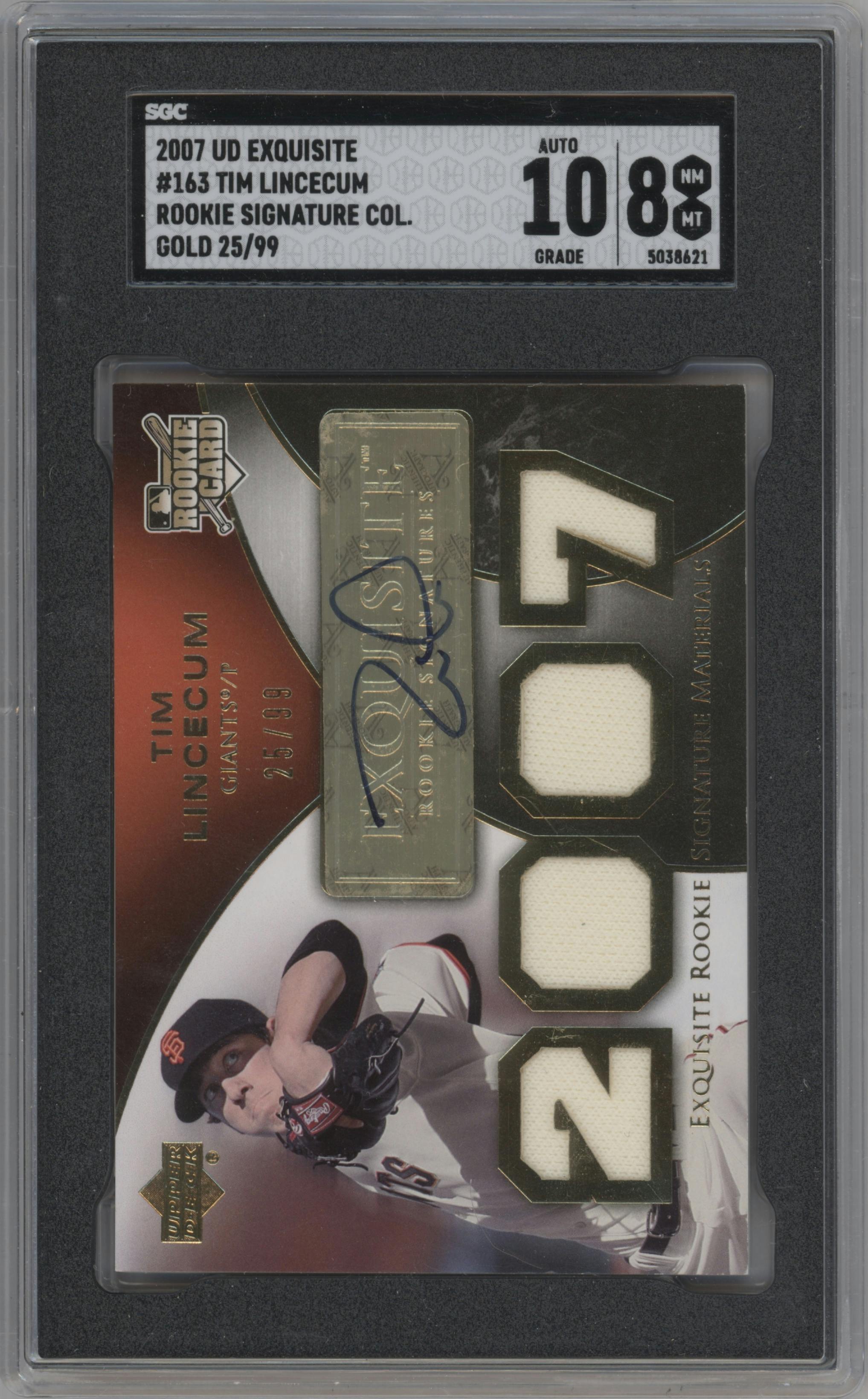 Tim Lincecum from the 2007 Upper Deck Exquisite Collection Rookie Signatures set featuring a Gold parallel graded by SGC and given an overall grade of 8.
