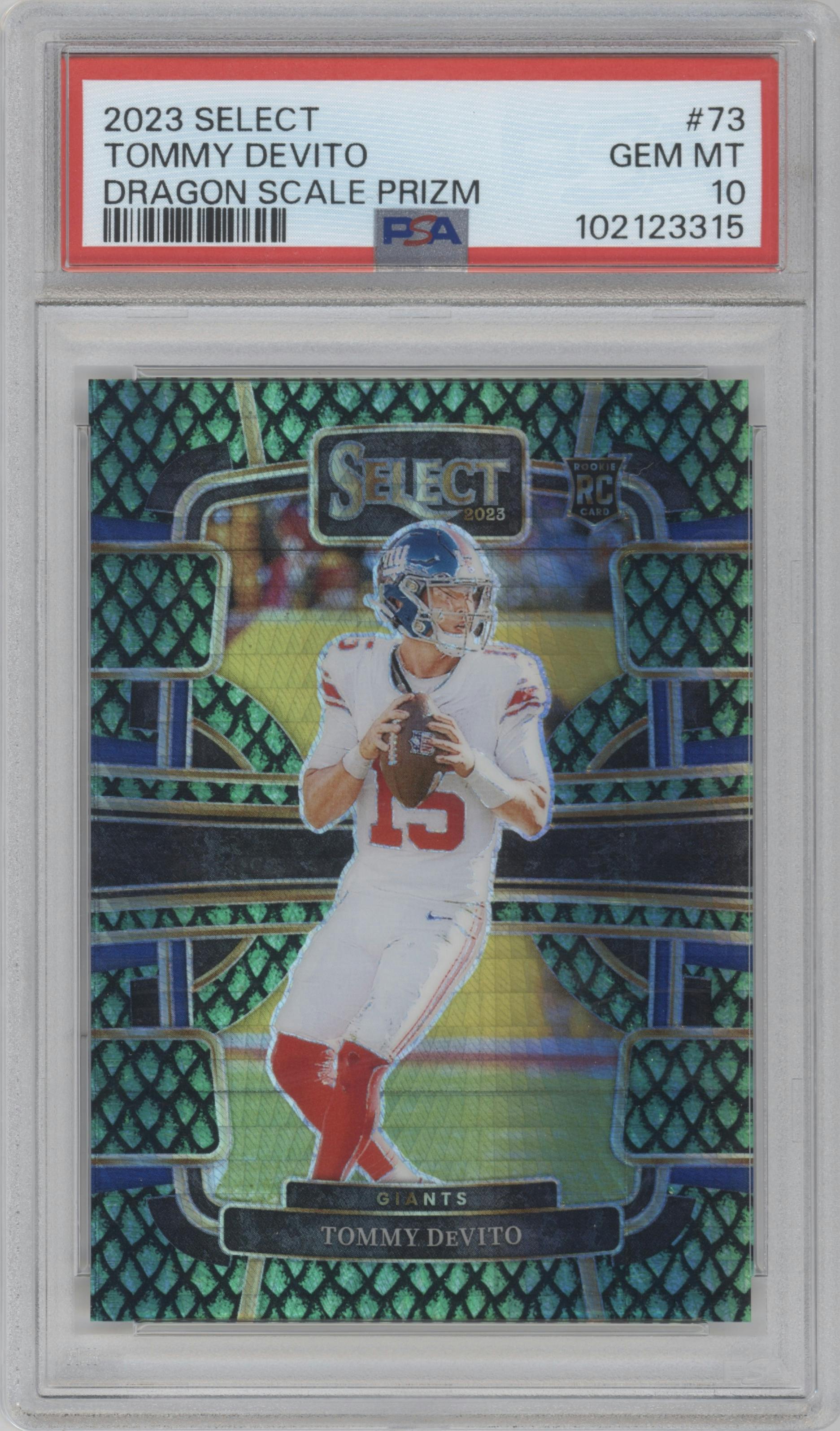 Tommy DeVito  from the 2023 Panini Select set featuring a Dragon Scale parallel graded by PSA and given an overall grade of 10.