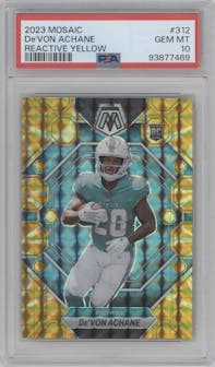 De'Von Achane from the 2023 Panini Mosaic set featuring a Reactive Yellow parallel graded by PSA and given an overall grade of 10.