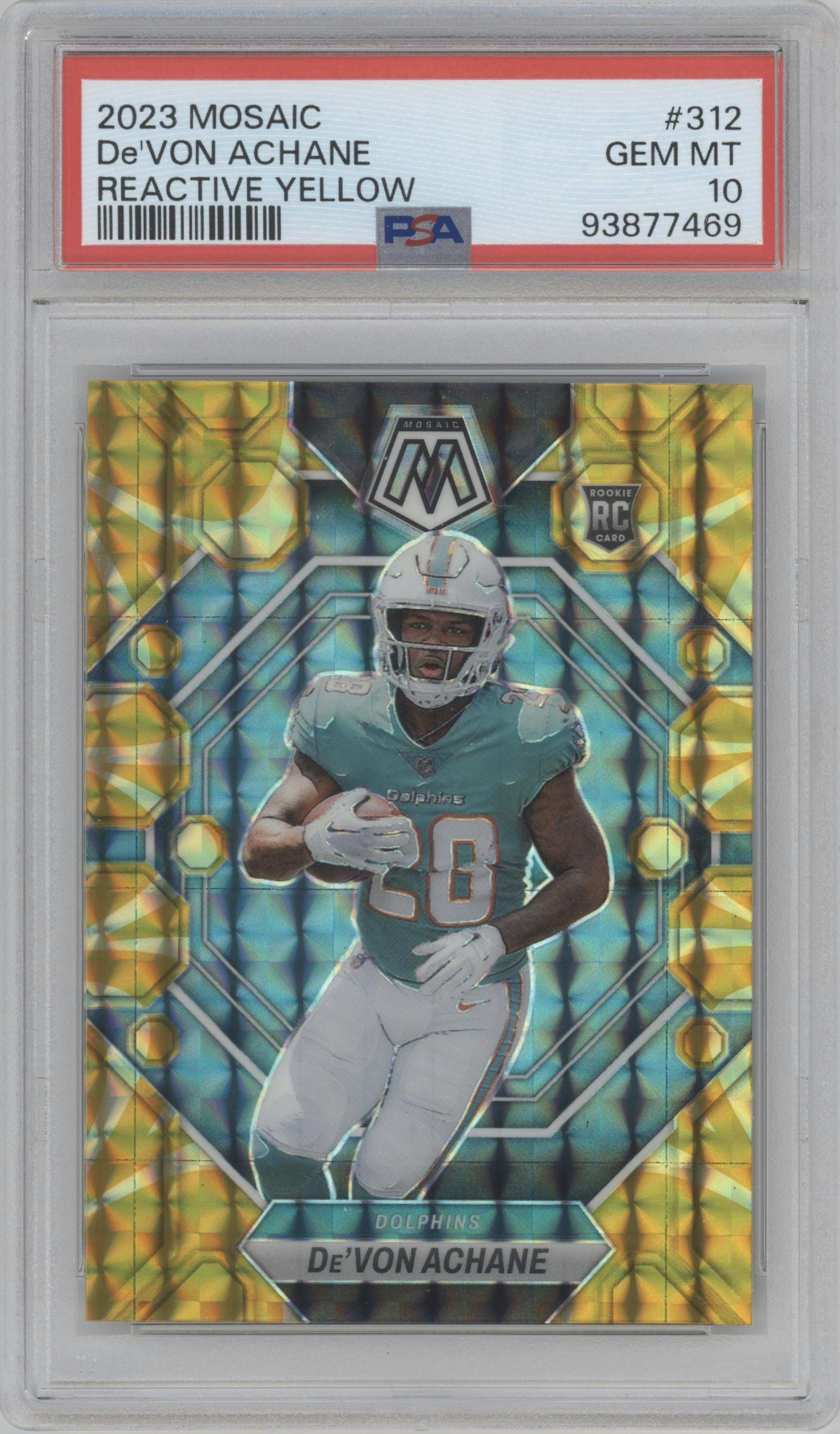 De'Von Achane from the 2023 Panini Mosaic set featuring a Reactive Yellow parallel graded by PSA and given an overall grade of 10.