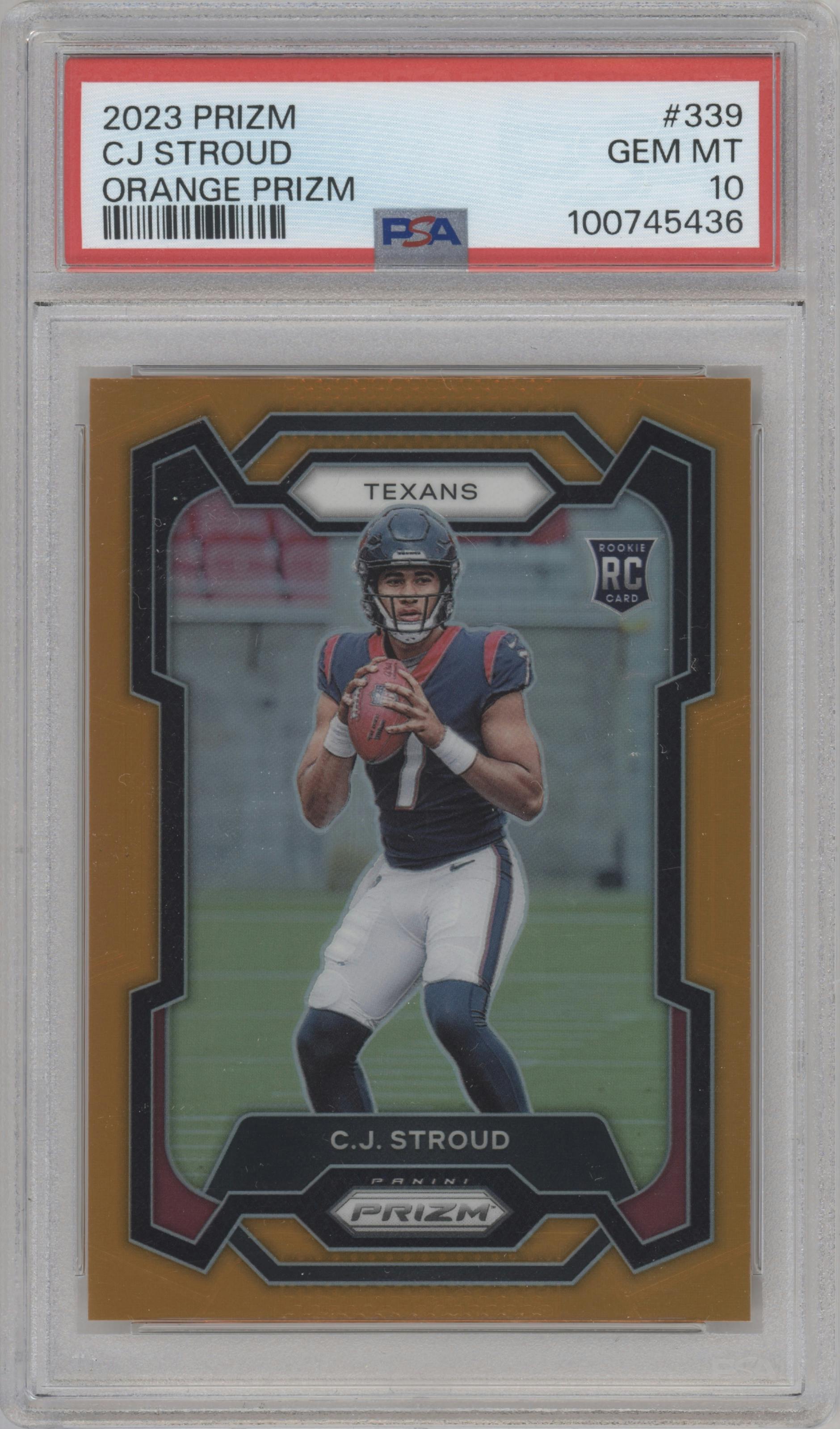 C.J. Stroud from the 2023 Panini Prizm set featuring a Orange Prizm parallel graded by PSA and given an overall grade of 10.